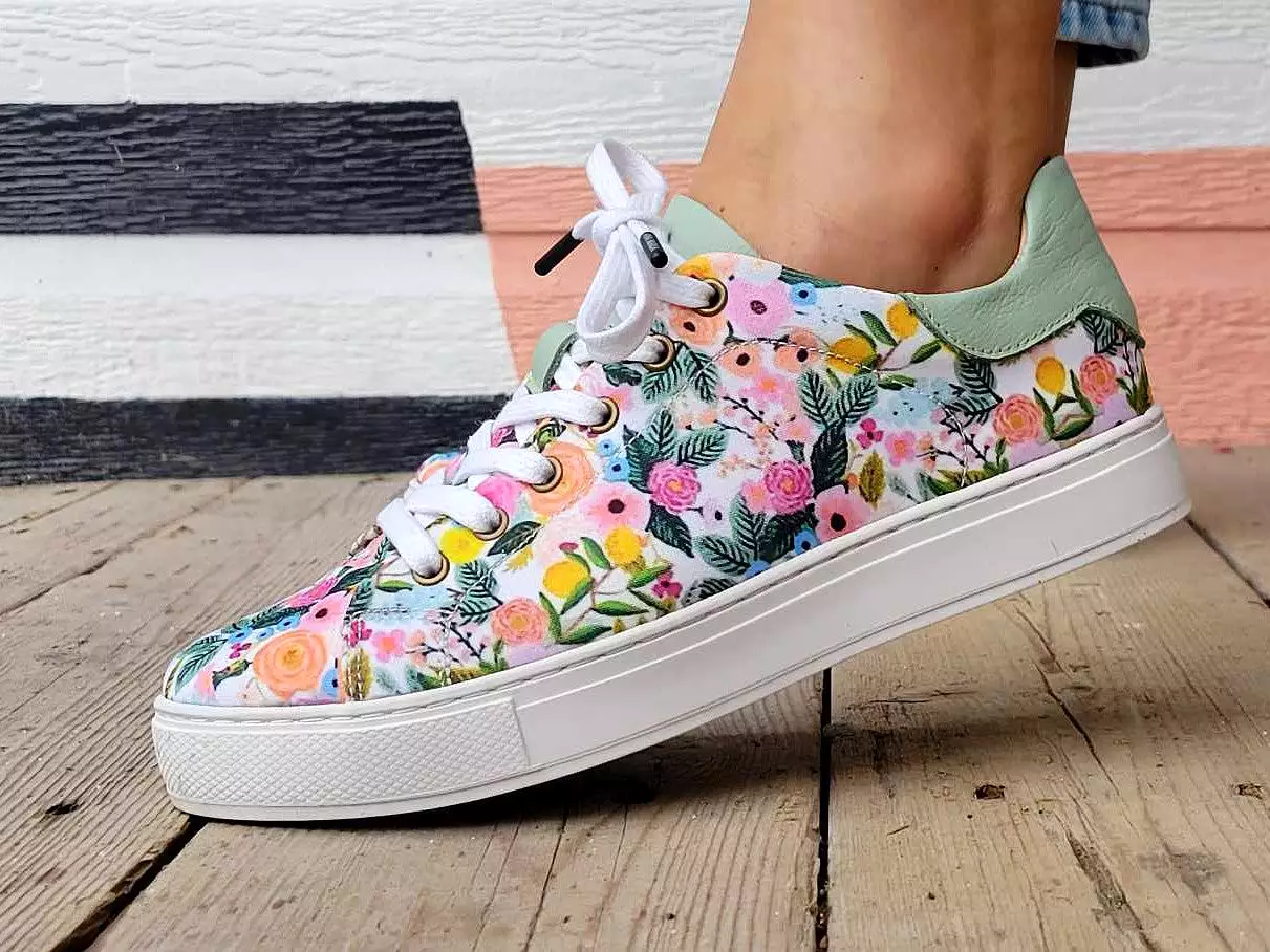 Floral Print Canvas and Turquoise Leather Sneakers