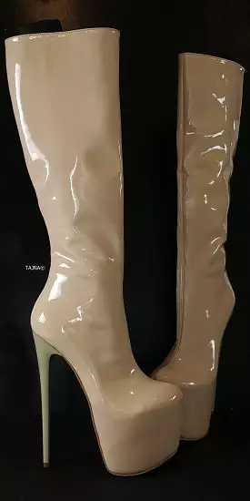 Glossy Beige Mid Calf Platform Boots