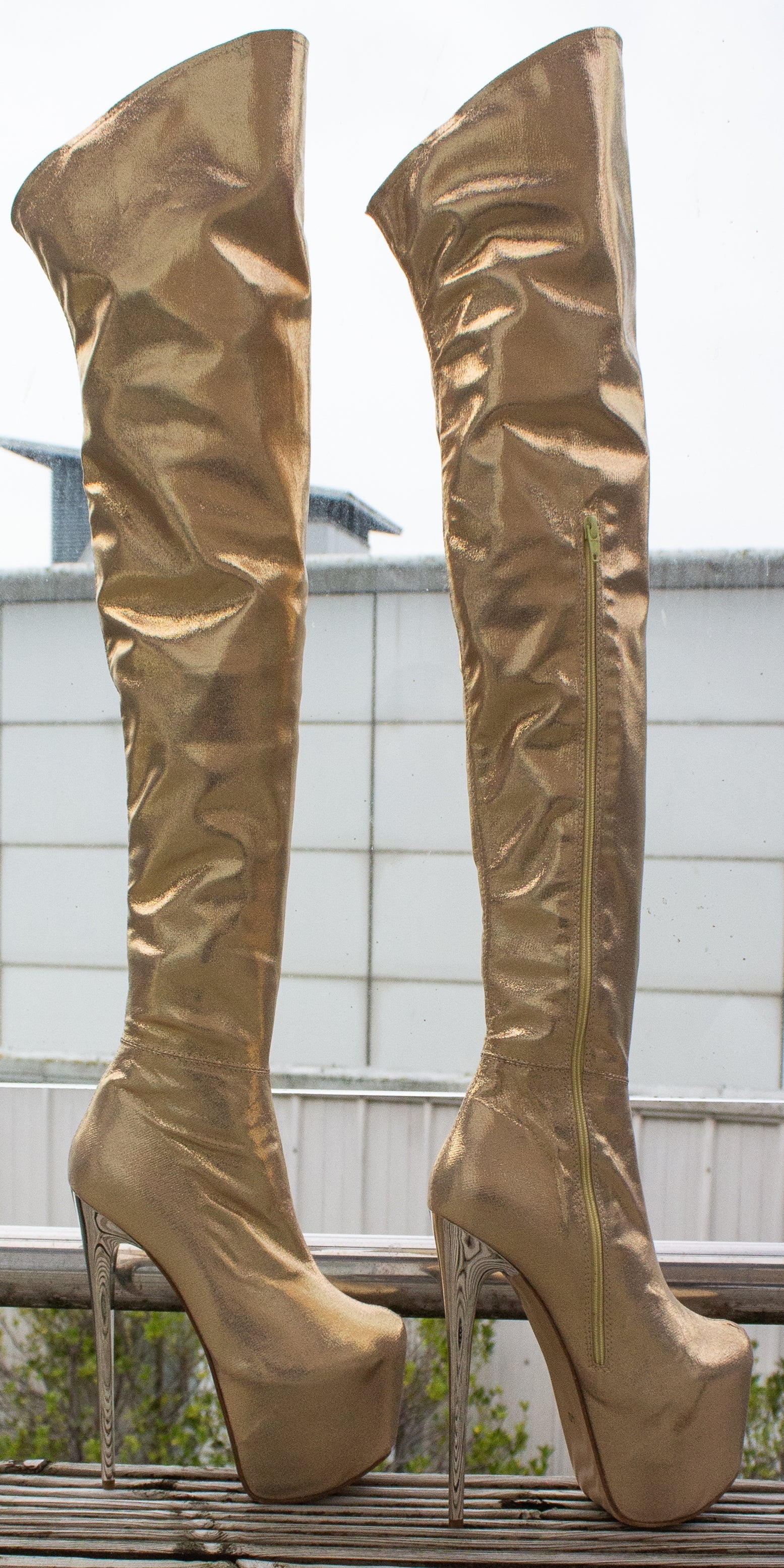 Gold Shimmer Knee High Metallic Heel Boots