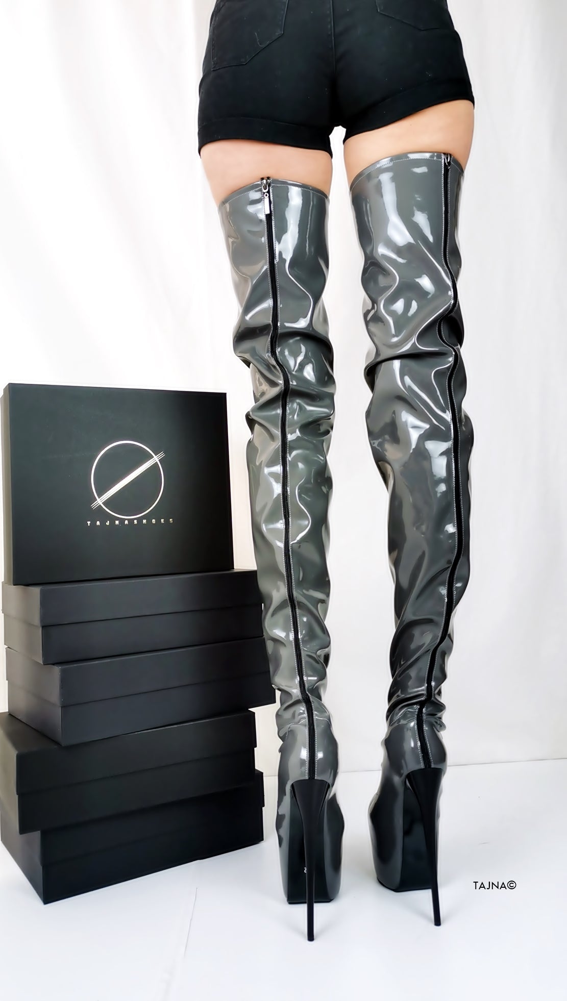 Gray Gloss Thigh High Boots with Back Zipper