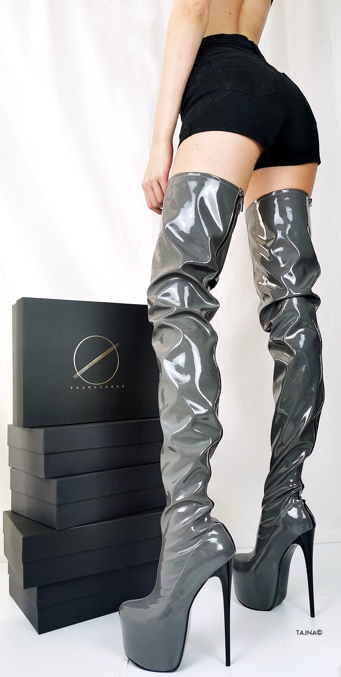 Gray Gloss Thigh High Boots with Back Zipper