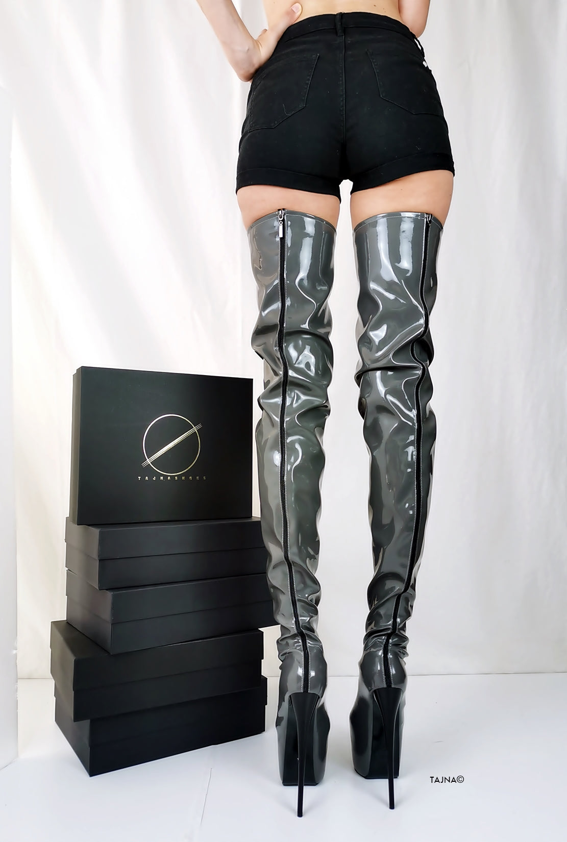 Gray Gloss Thigh High Boots with Back Zipper