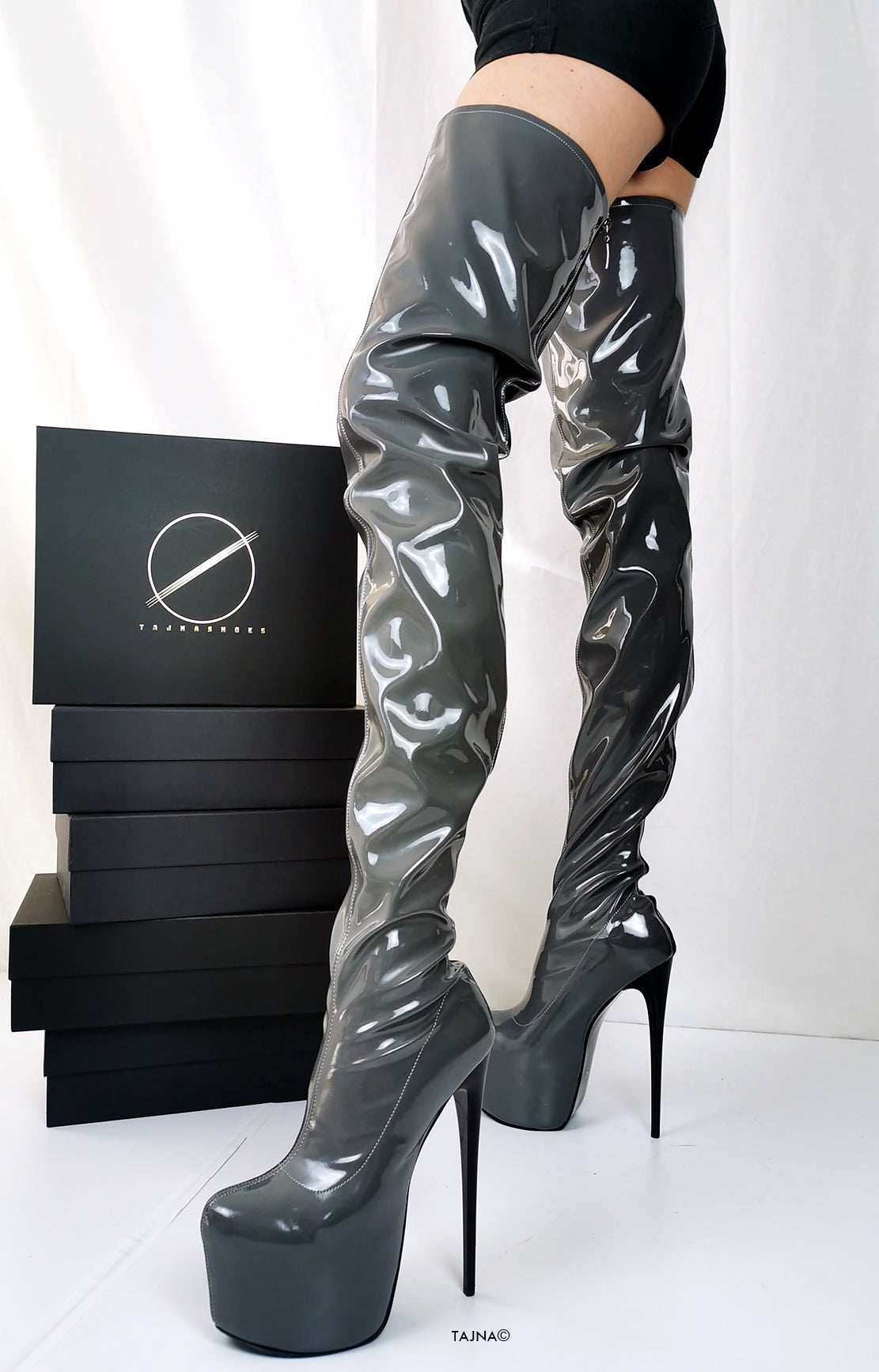 Gray Gloss Thigh High Boots with Back Zipper