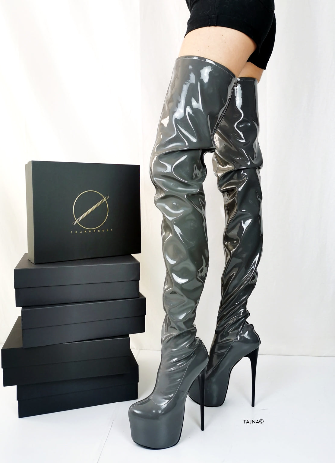 Gray Gloss Thigh High Boots with Back Zipper