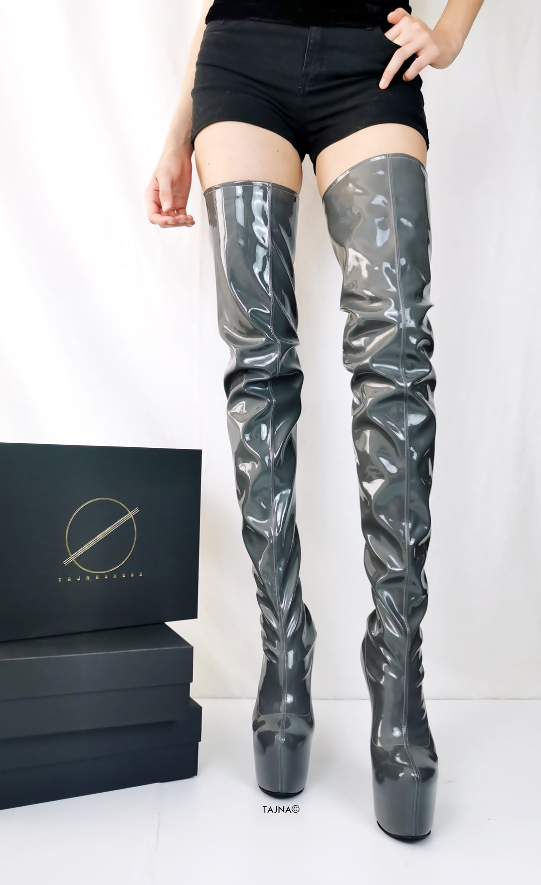 Gray Gloss Thigh High Boots with Back Zipper