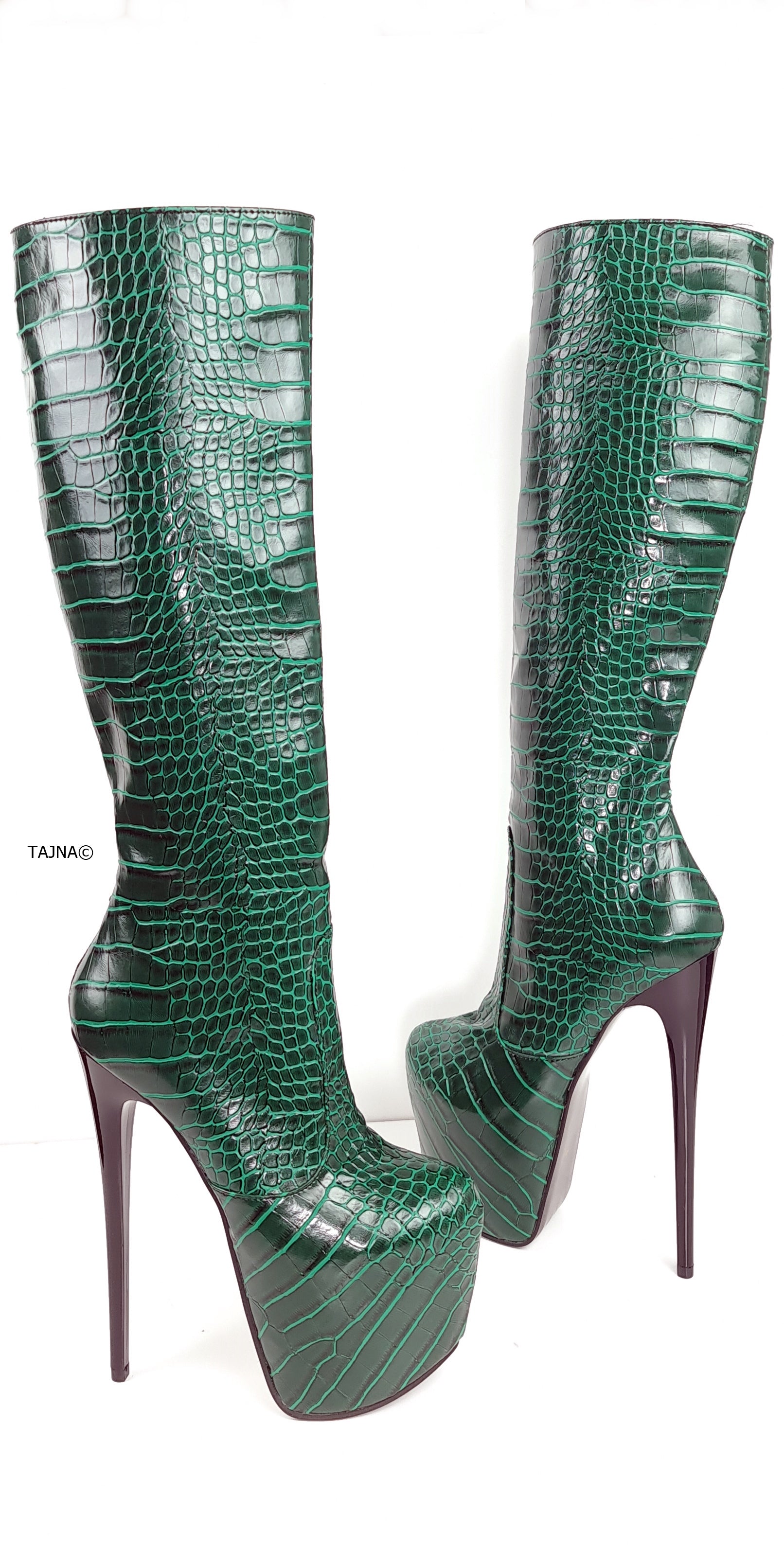 Green Crocodile Mid Calf High Heel Boots