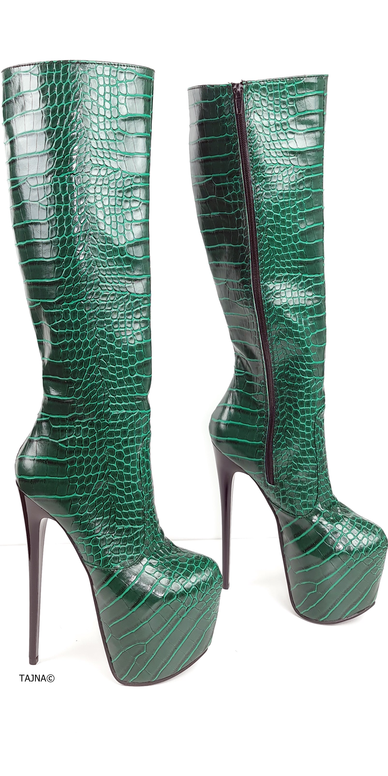 Green Crocodile Mid Calf High Heel Boots