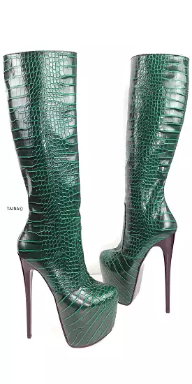 Green Crocodile Mid Calf High Heel Boots