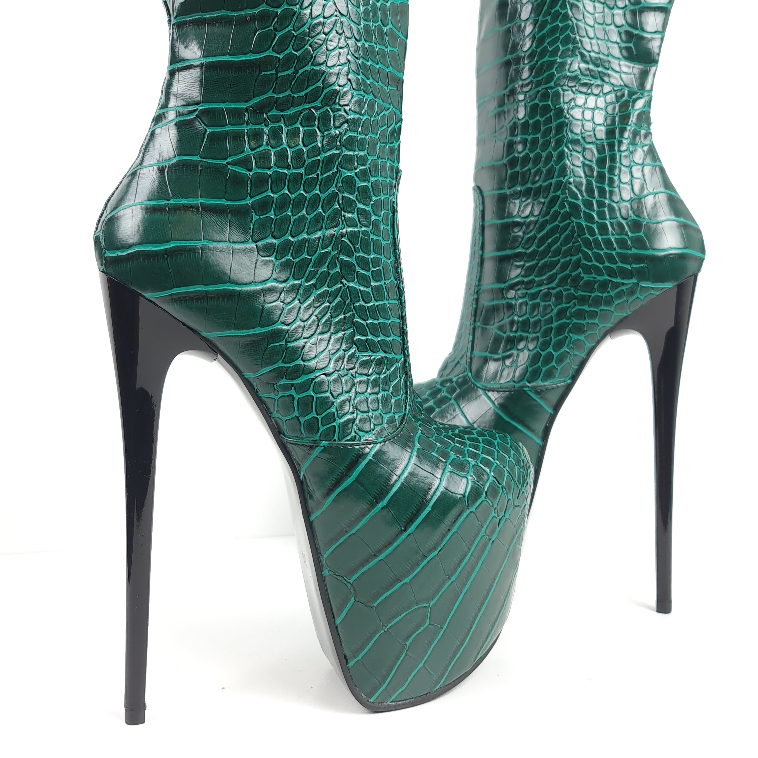 Green Crocodile Mid Calf High Heel Boots