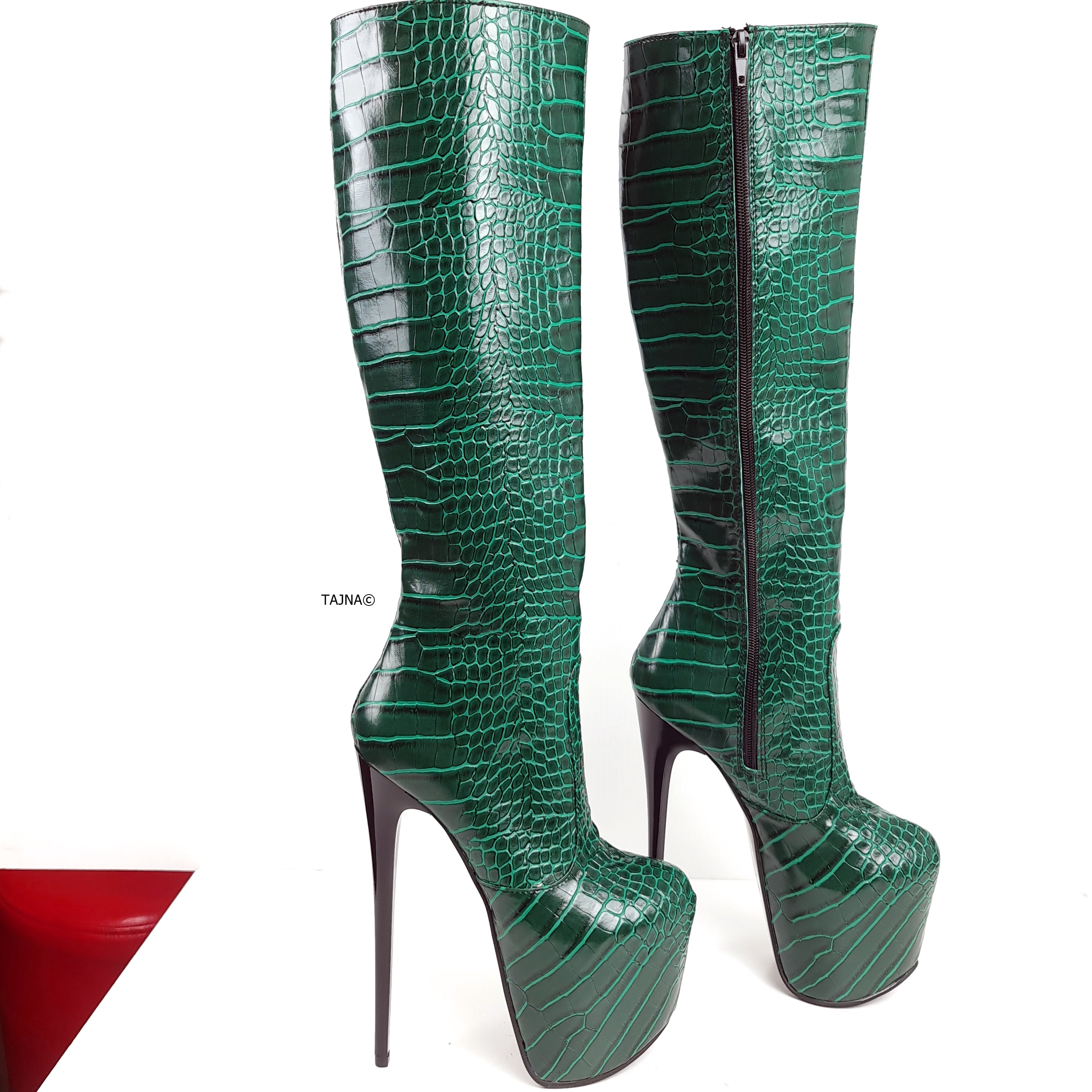 Green Crocodile Mid Calf High Heel Boots