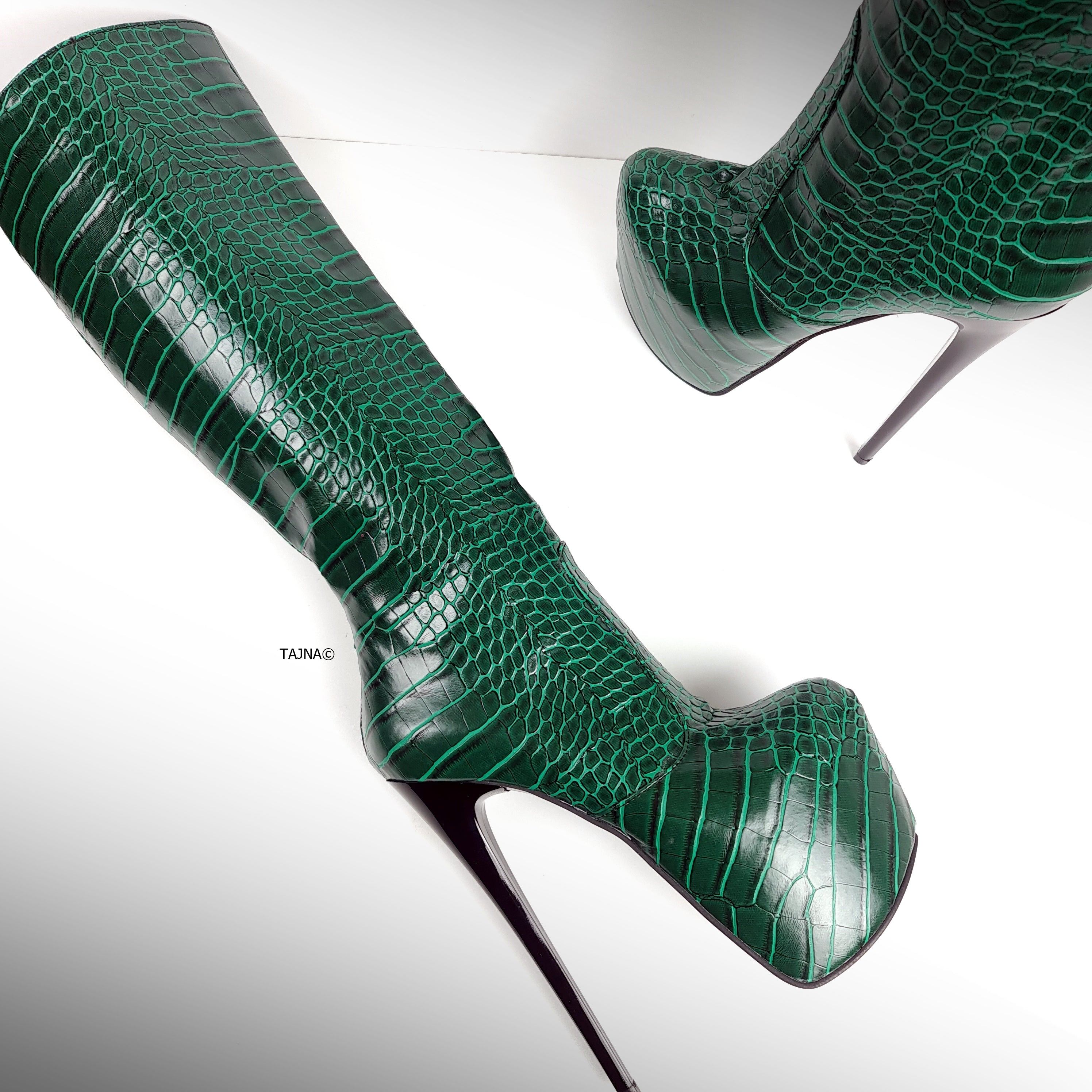 Green Crocodile Mid Calf High Heel Boots