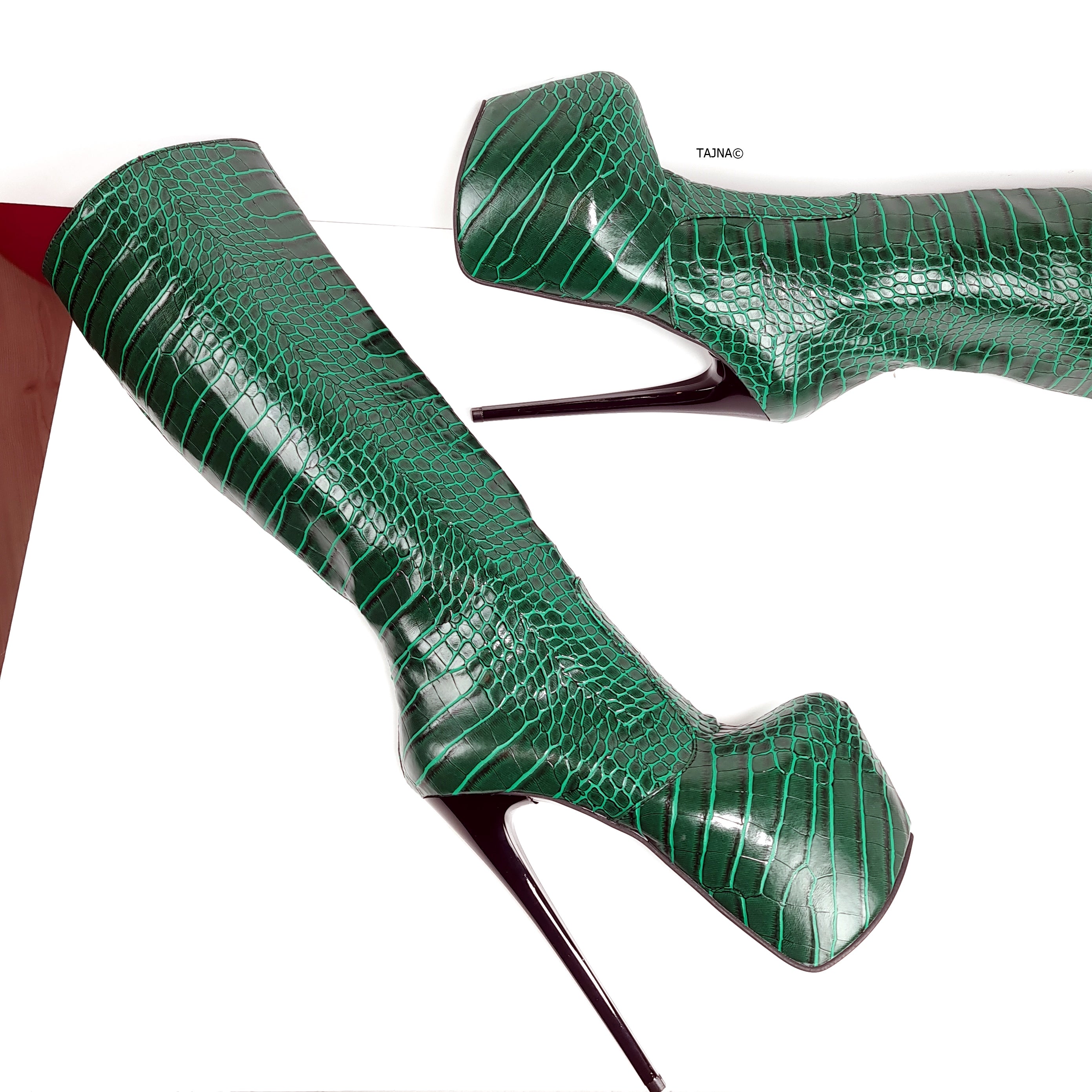 Green Crocodile Mid Calf High Heel Boots