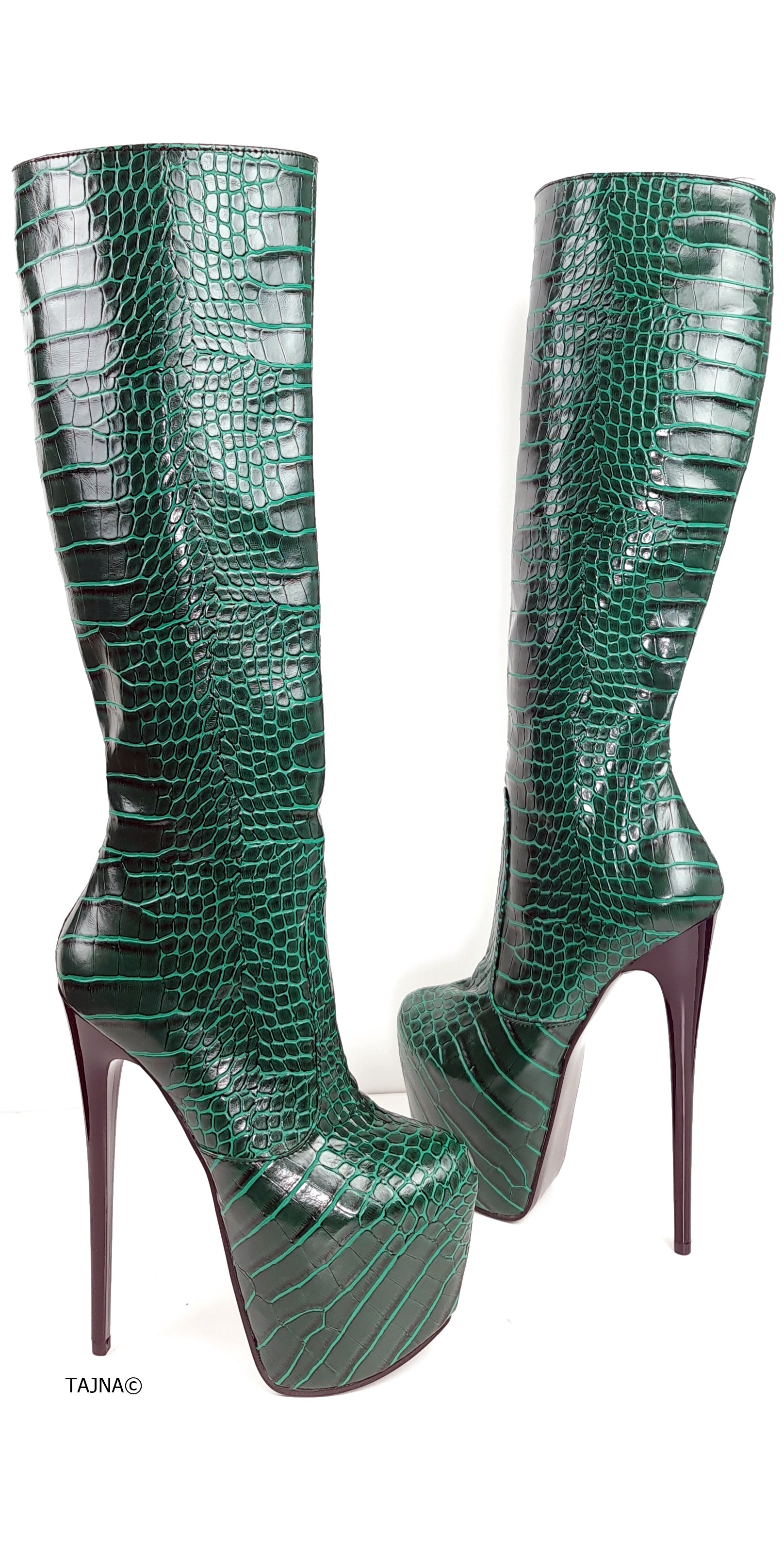 Green Crocodile Mid Calf High Heel Boots