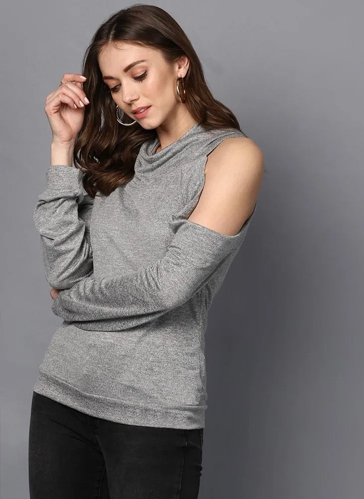 Grey Cowl Neck Off-the-Shoulder Sweater