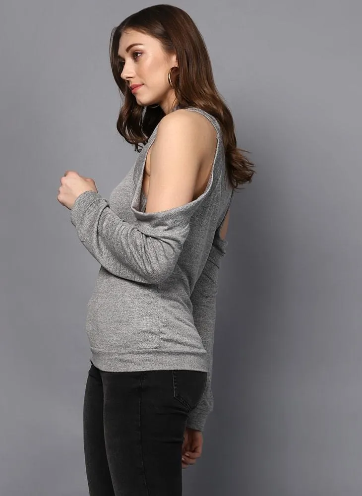 Grey Cowl Neck Off-the-Shoulder Sweater