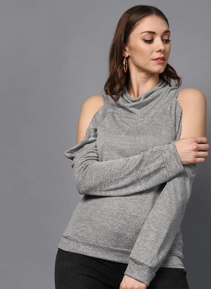 Grey Cowl Neck Off-the-Shoulder Sweater