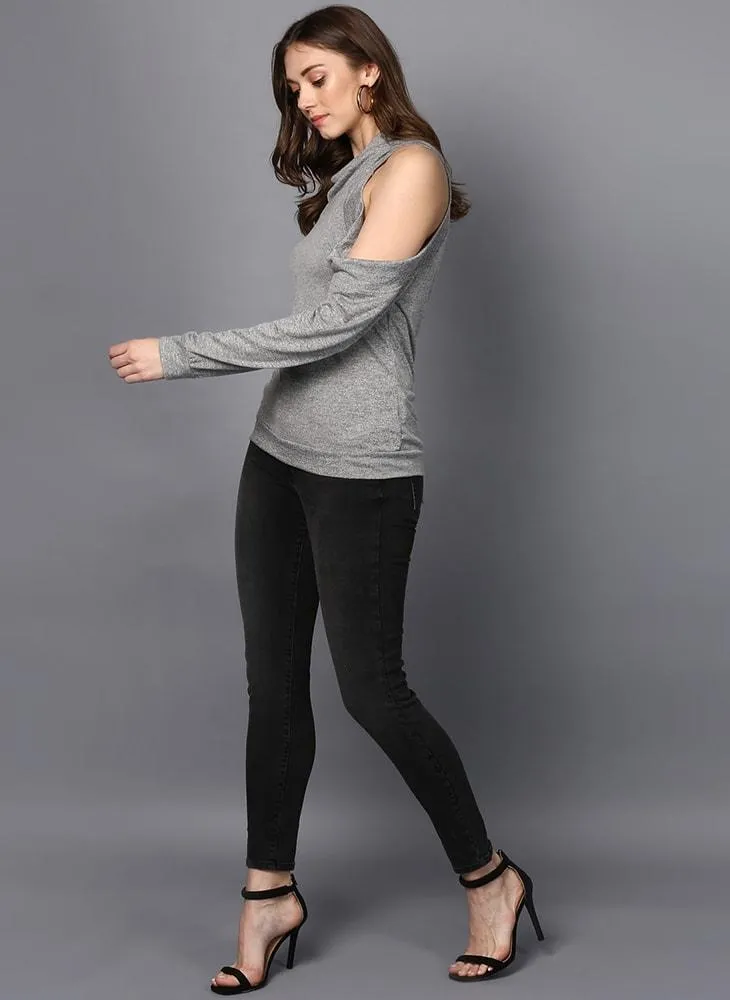 Grey Cowl Neck Off-the-Shoulder Sweater