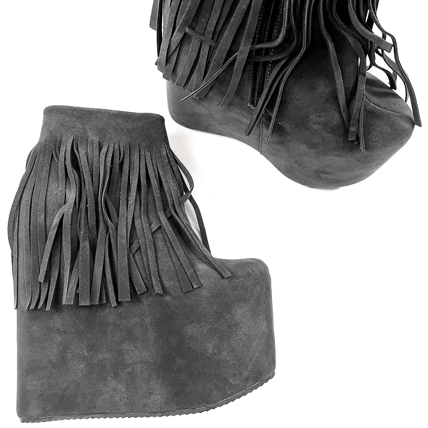 Grey Fringe Wedge Heeled Boots