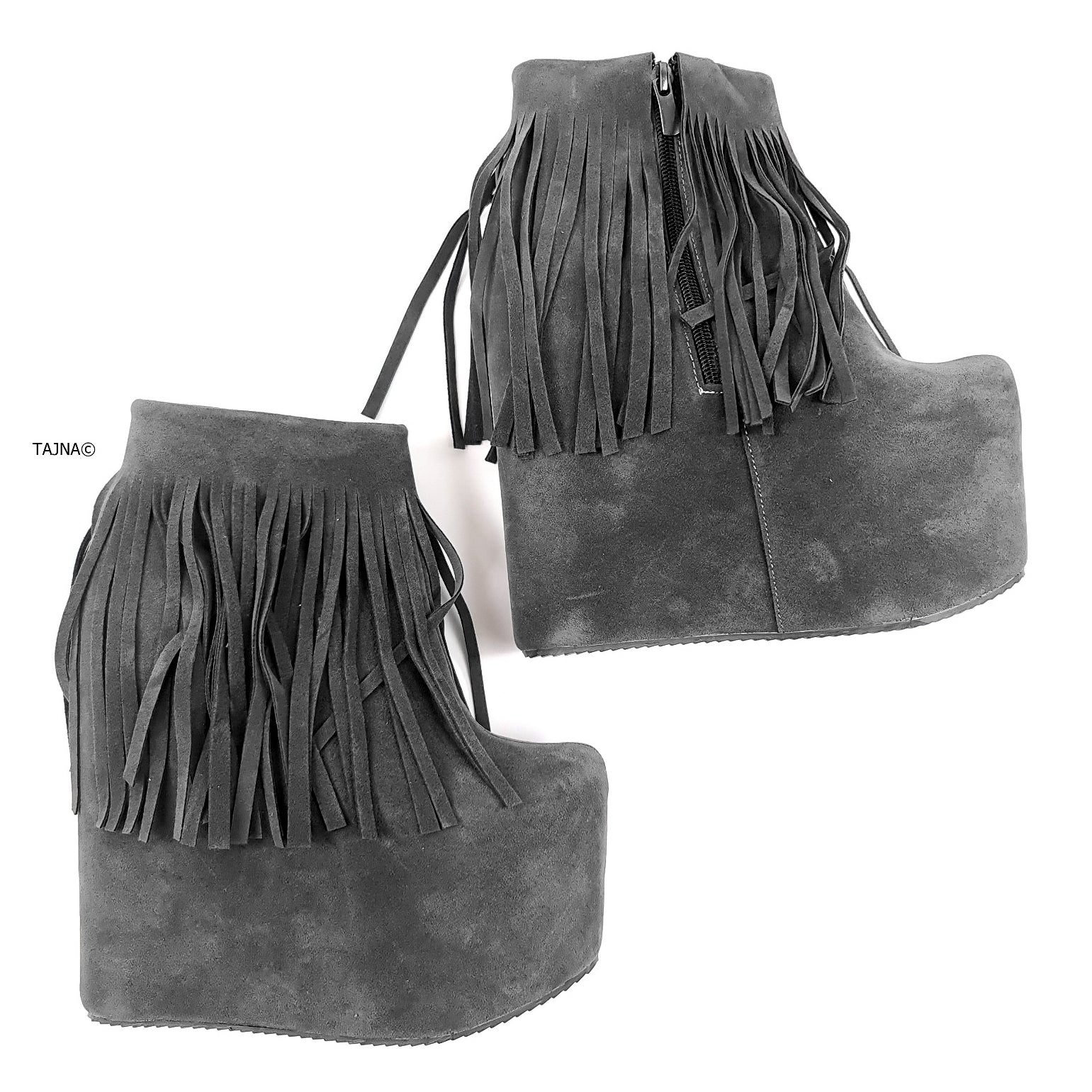 Grey Fringe Wedge Heeled Boots