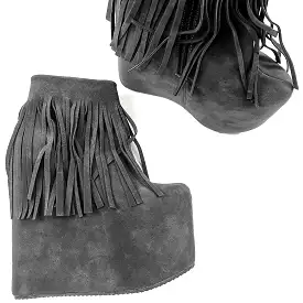 Grey Fringe Wedge Heeled Boots