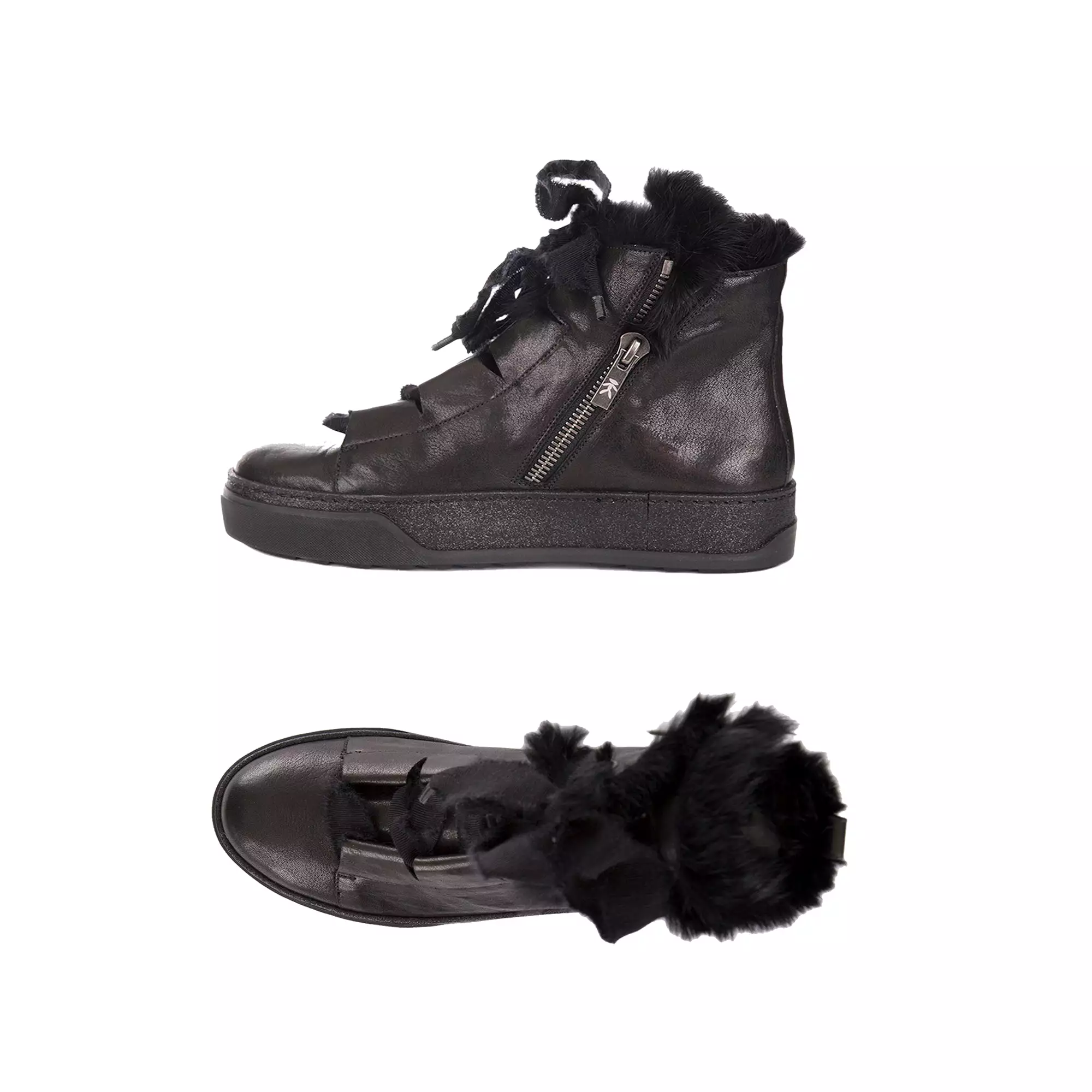 High Top Black Sneakers with Metal Hardware and Faux Fur Trim - Buy Online