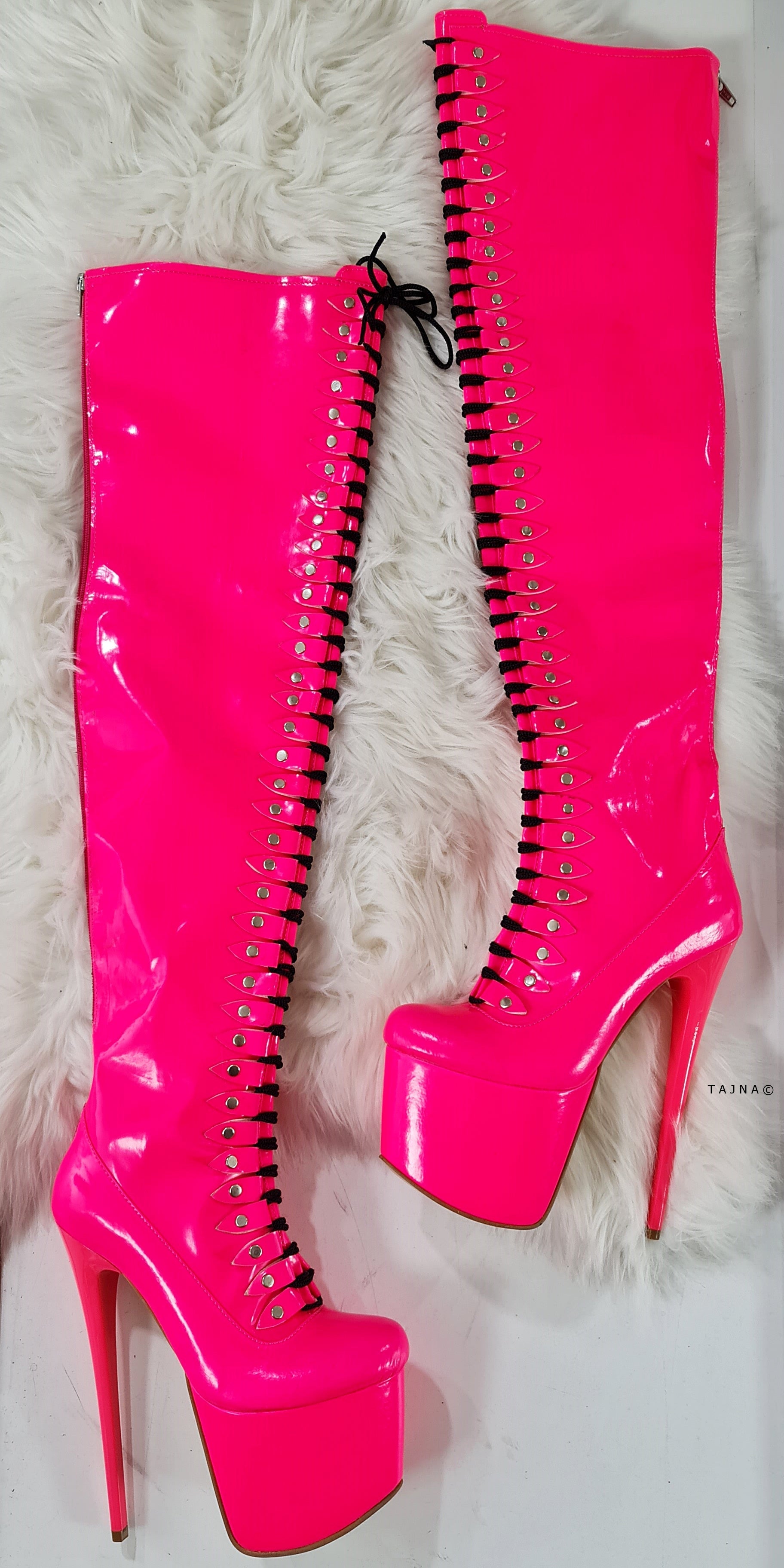 Hot Pink Thigh High Boots - Pin and Lace Up Style