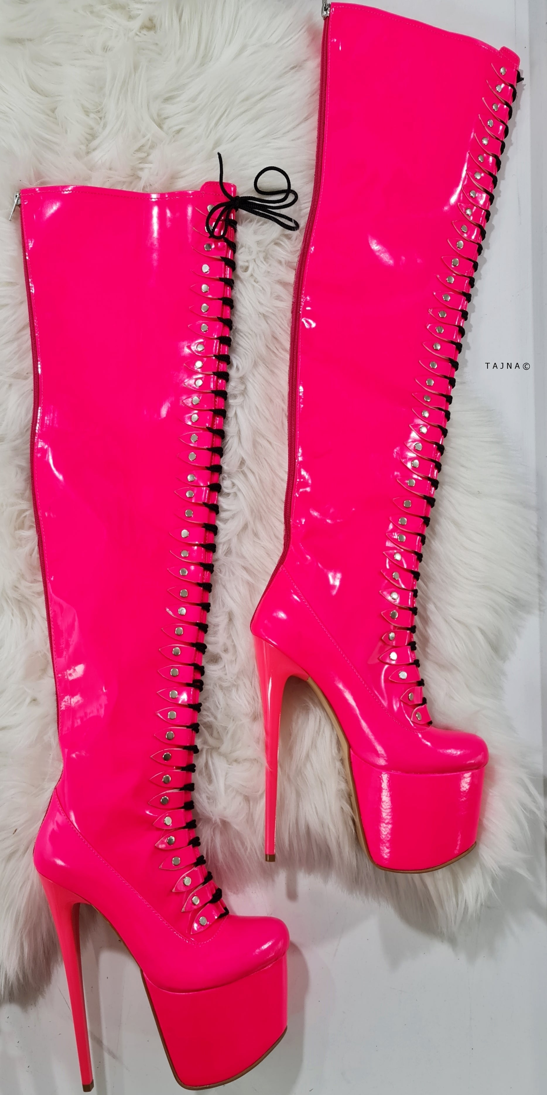 Hot Pink Thigh High Boots - Pin and Lace Up Style