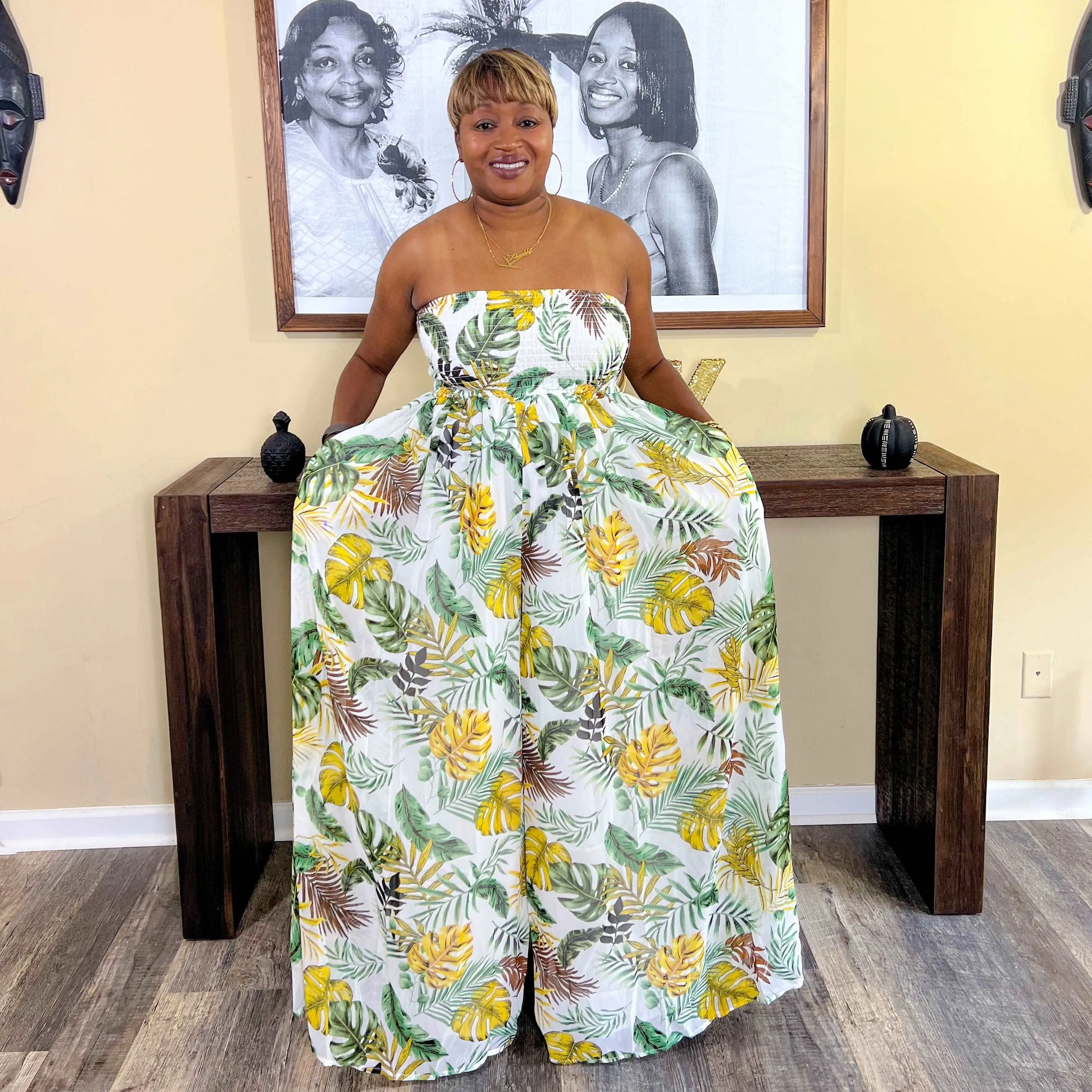 'Kina' Leaf Print Smocked Tube Wide Leg Jumpsuit