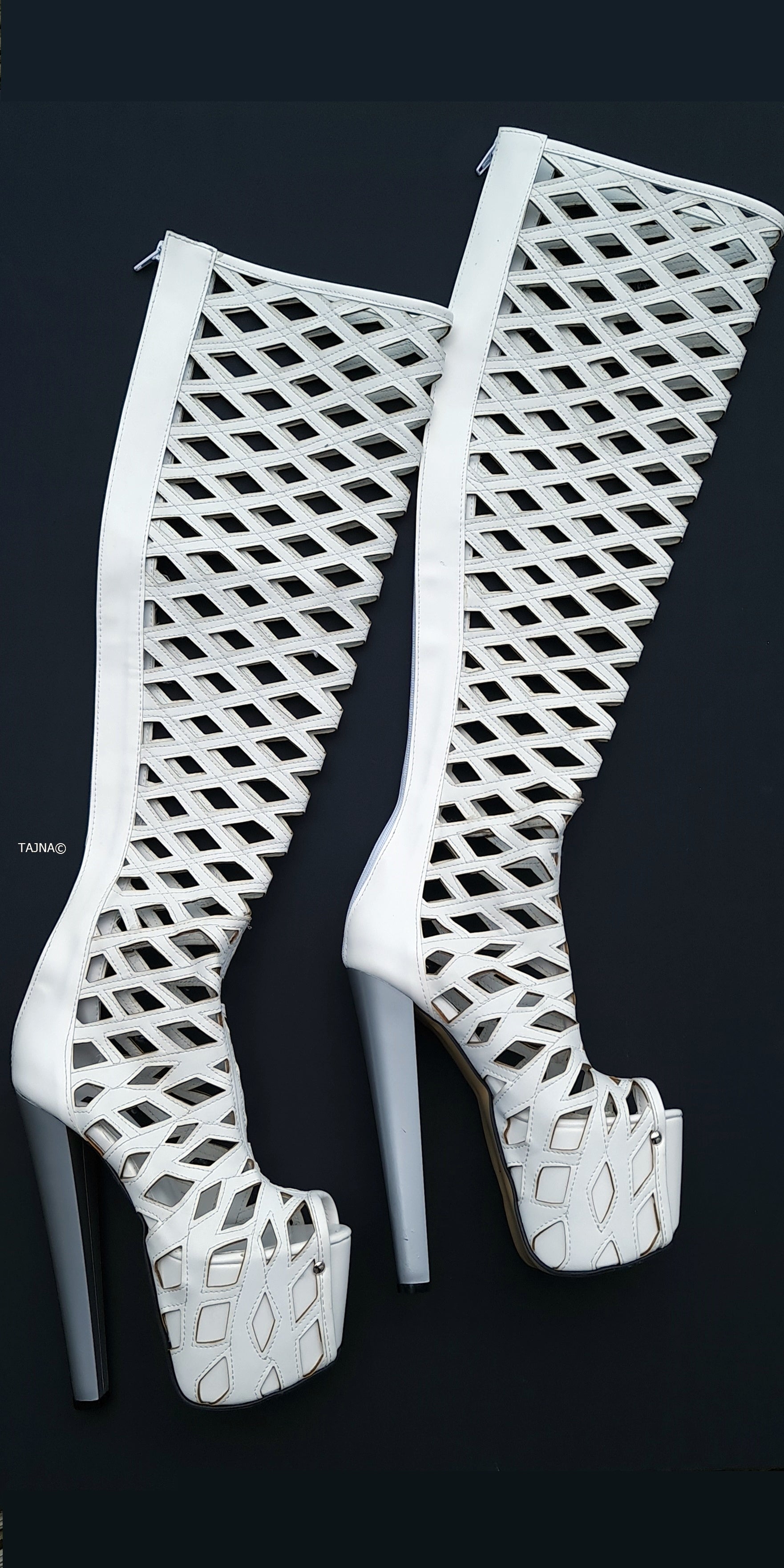 Laser Cut White Thigh High Boots with Thick Heel.