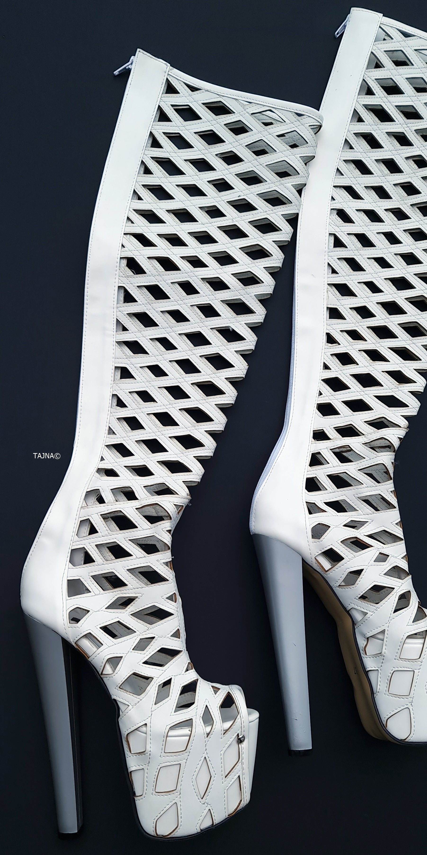 Laser Cut White Thigh High Boots with Thick Heel.