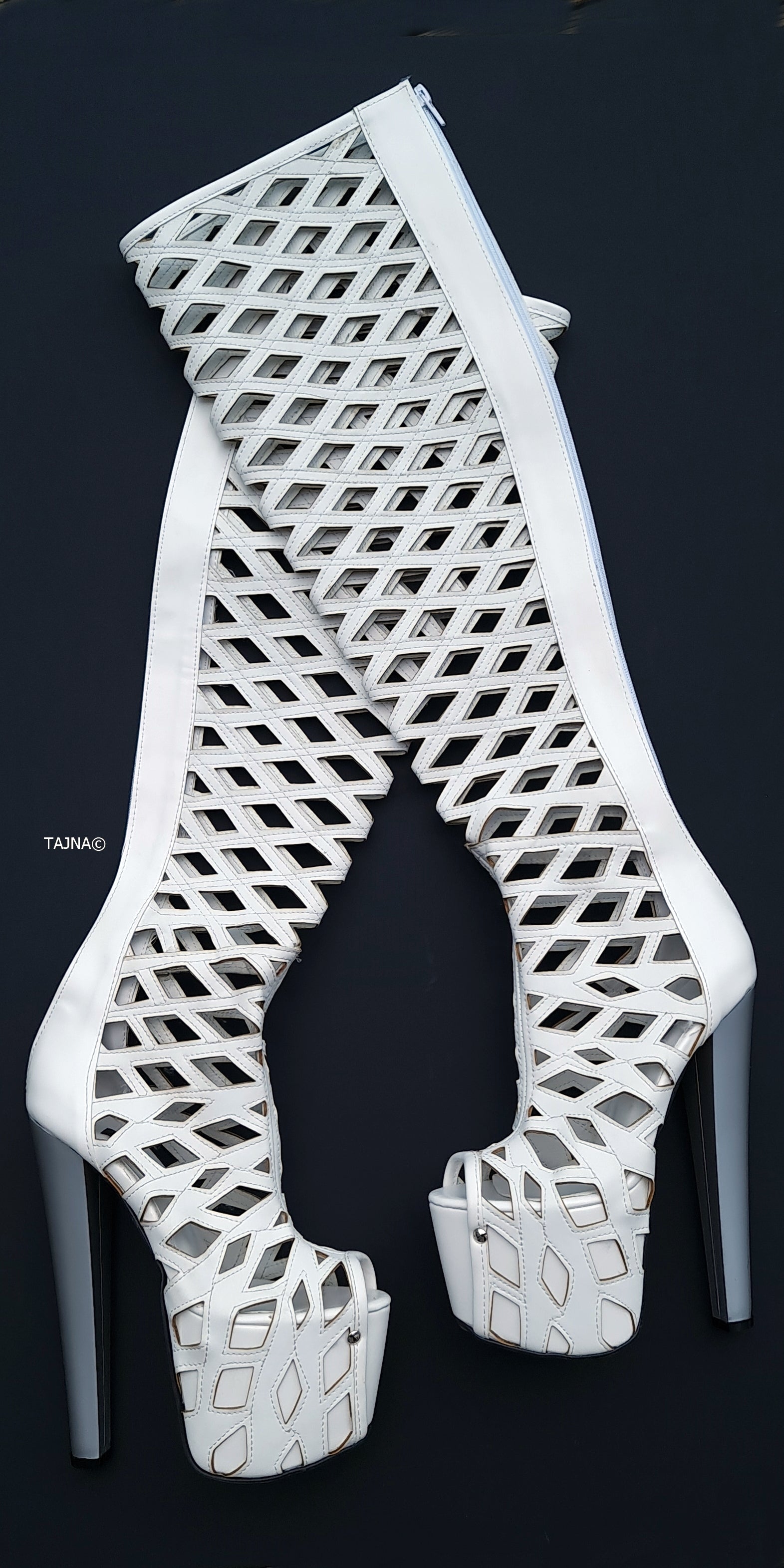 Laser Cut White Thigh High Boots with Thick Heel.