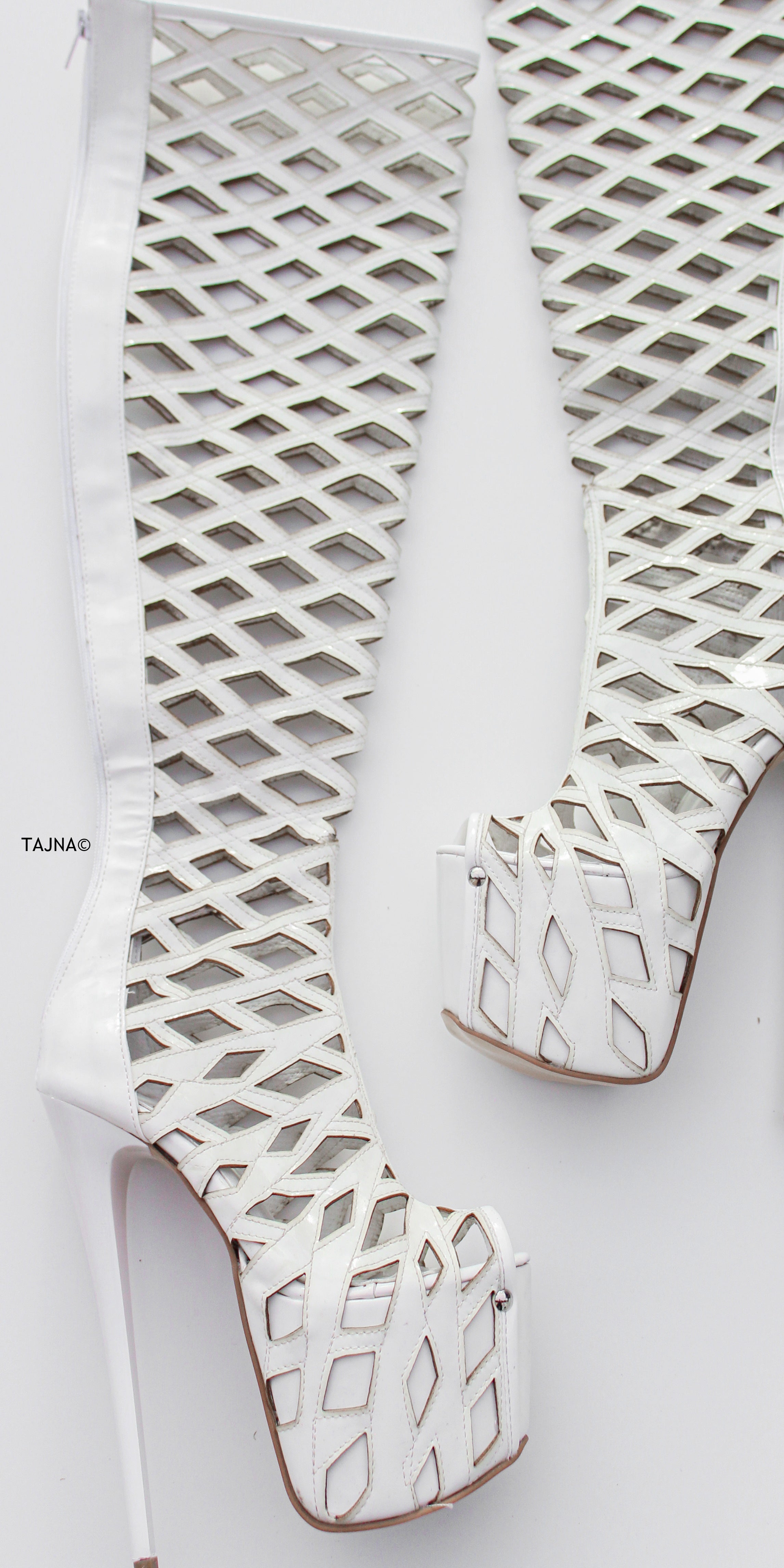 Laser Cut White Thigh High Boots