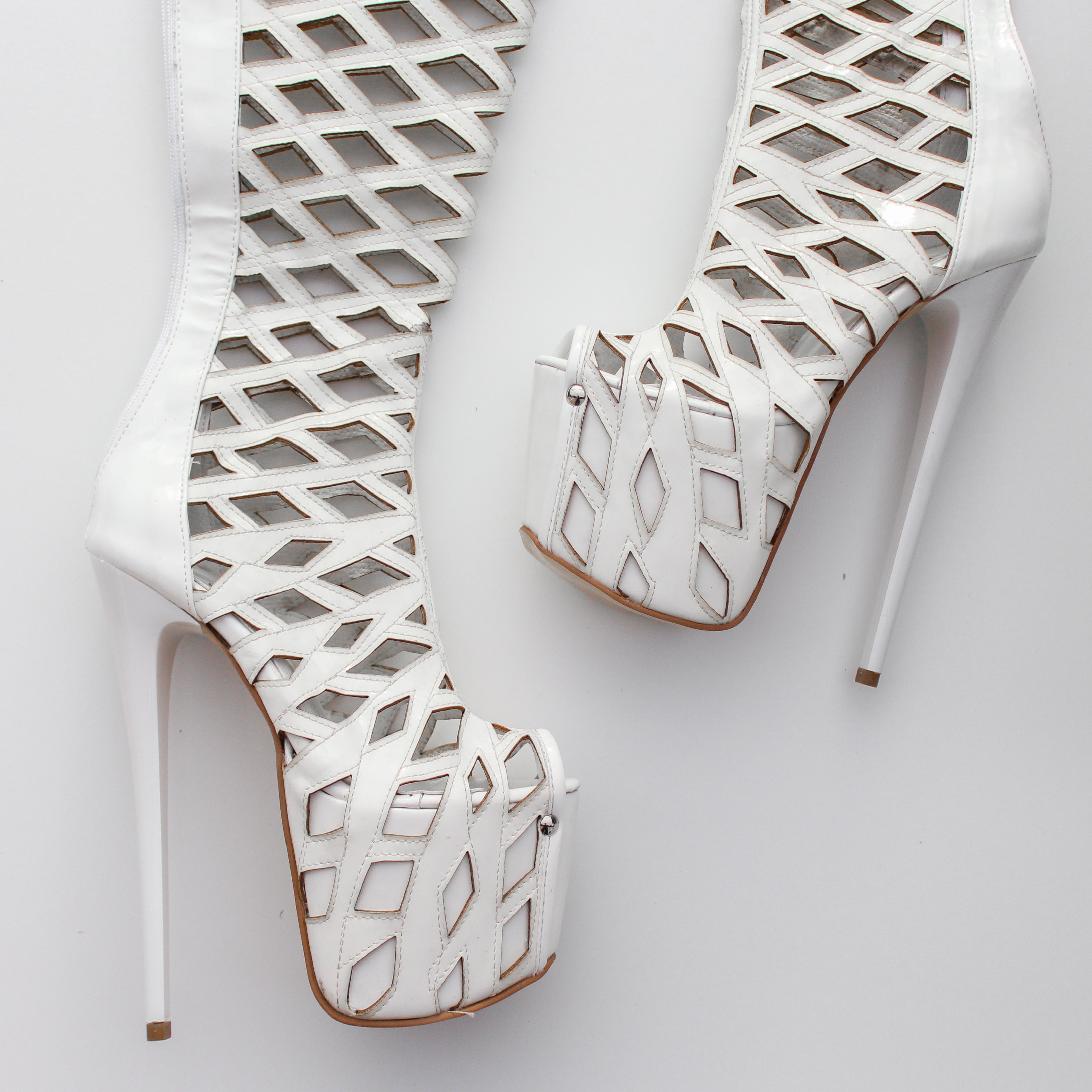 Laser Cut White Thigh High Boots