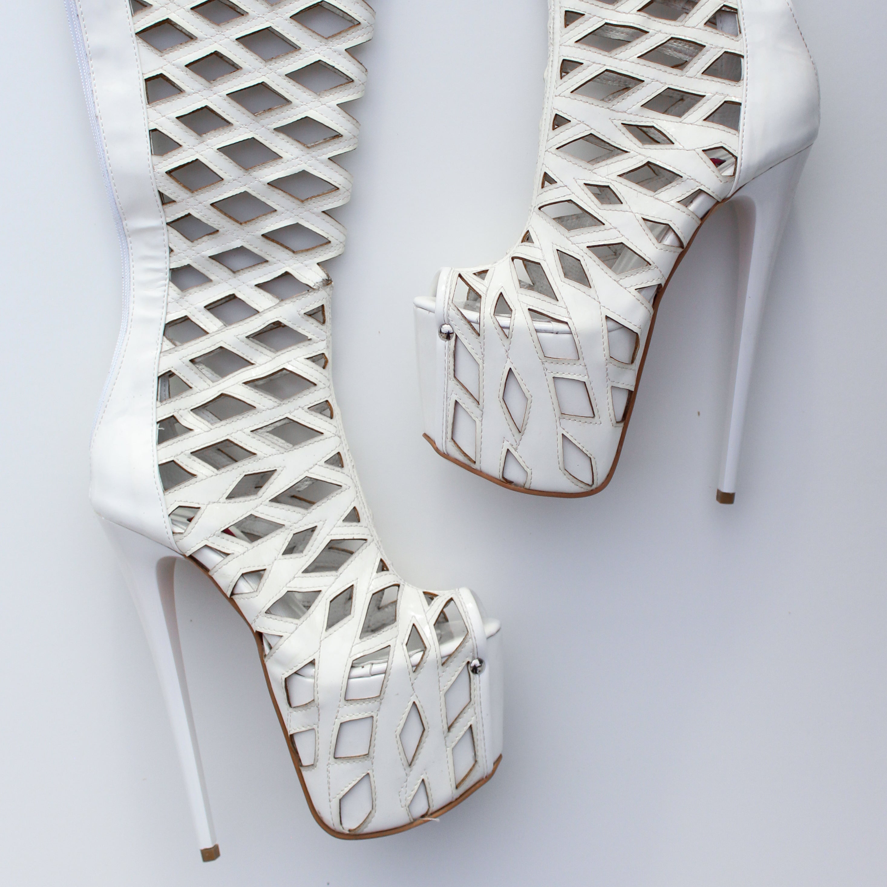 Laser Cut White Thigh High Boots