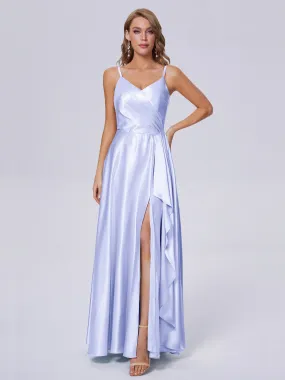 Lila Asymétrique Fendue Satin Doux Robes de Soirée