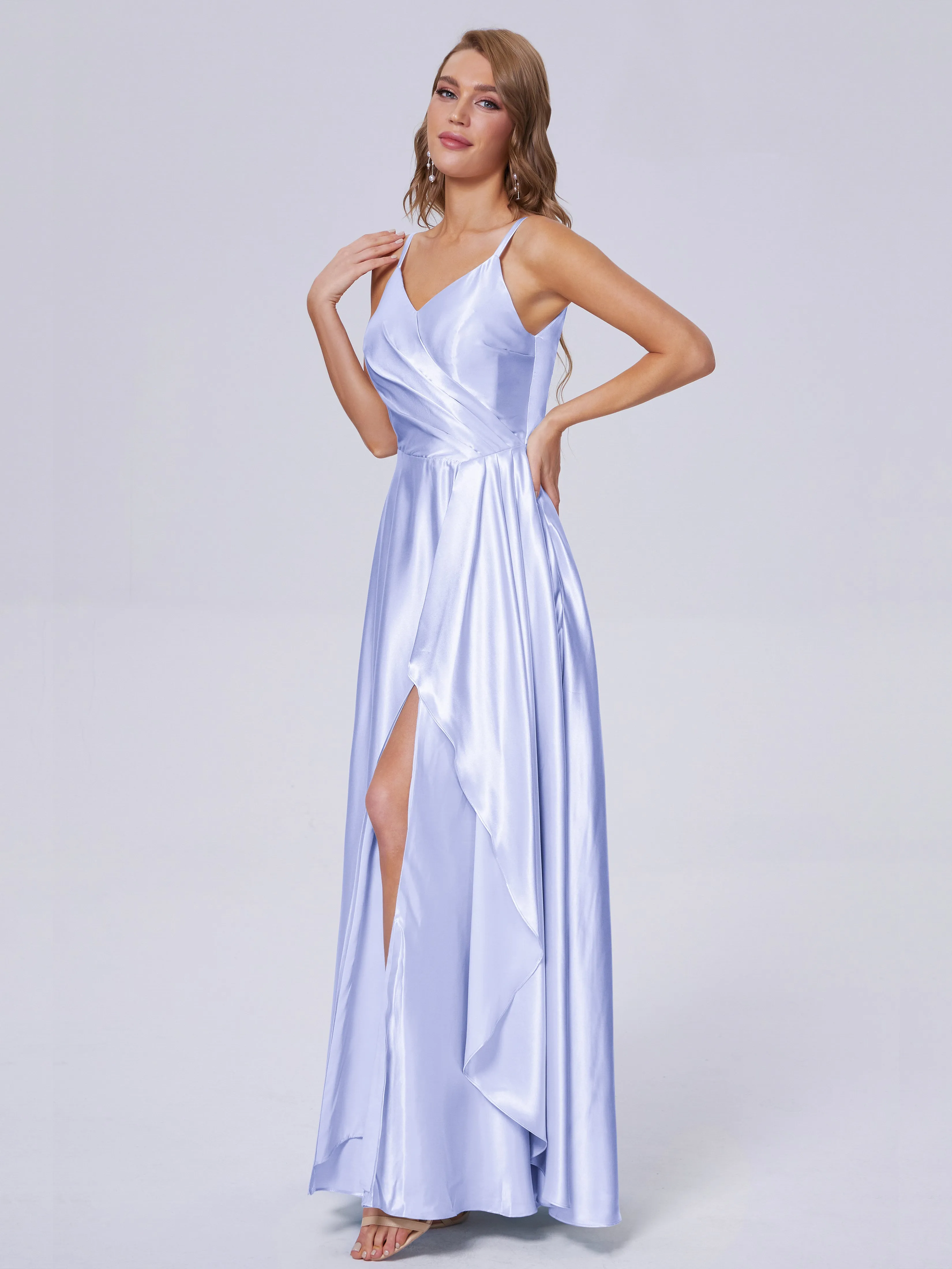 Lila Asymétrique Fendue Satin Doux Robes de Soirée