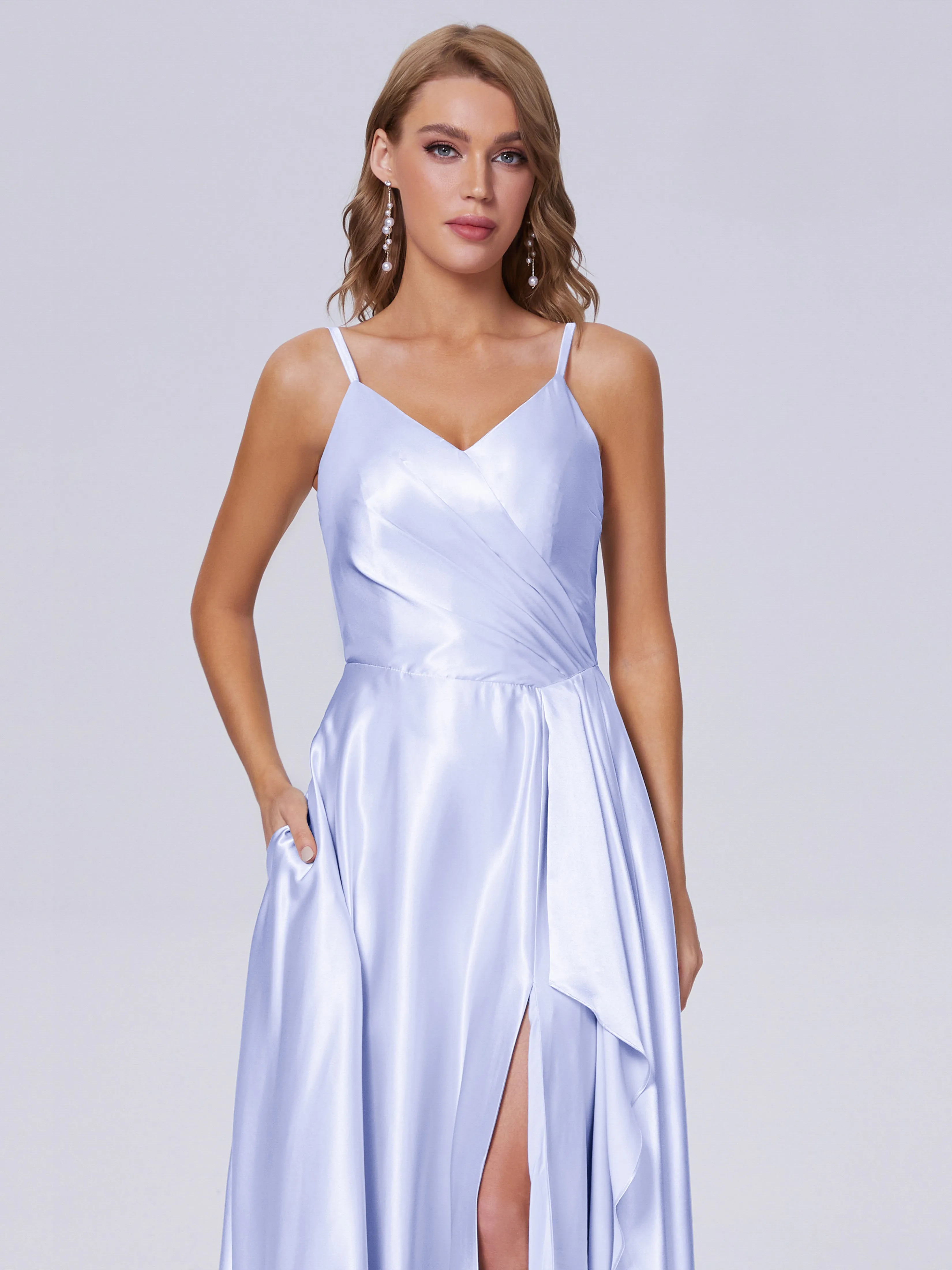 Lila Asymétrique Fendue Satin Doux Robes de Soirée