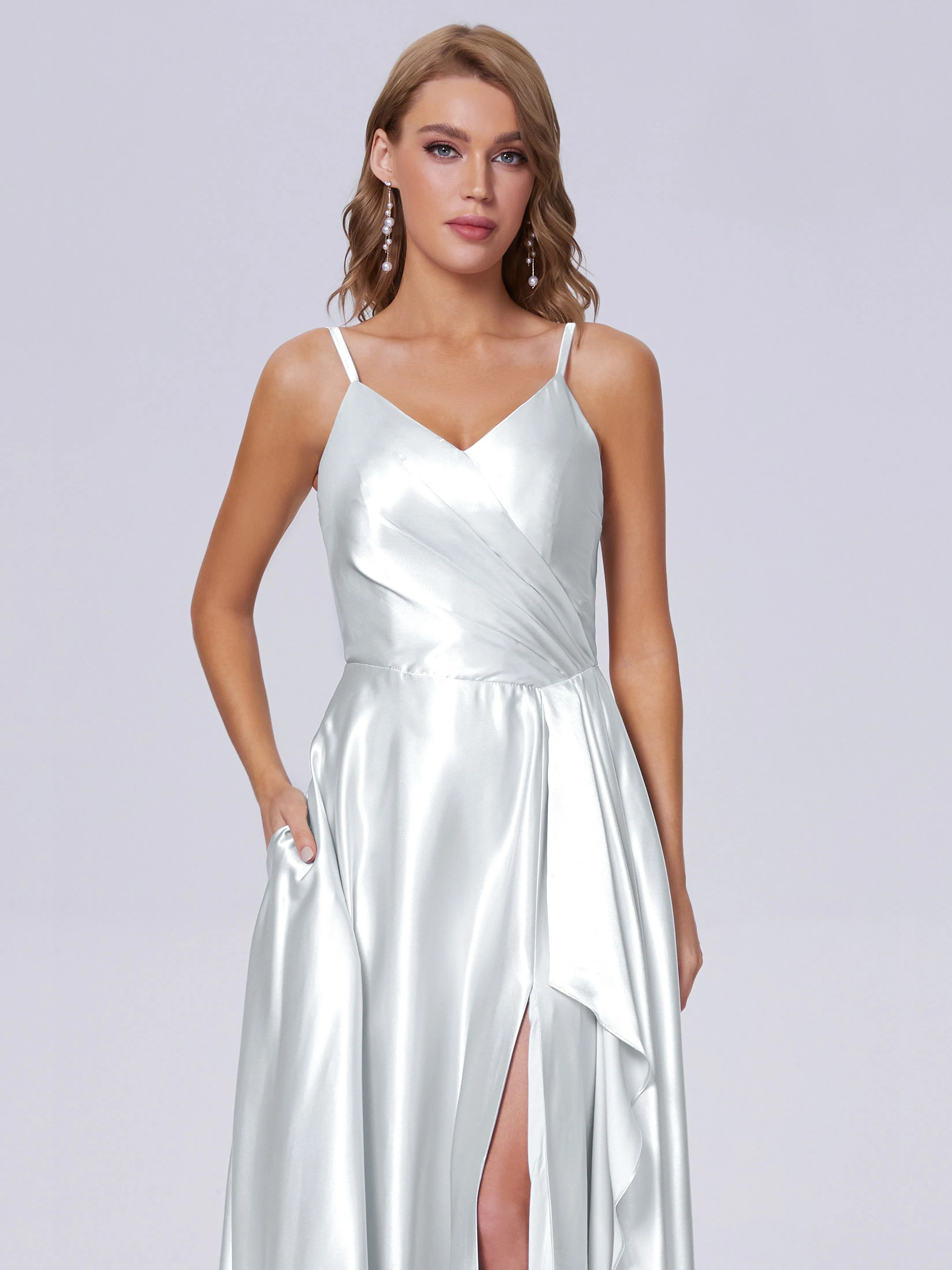 Lila Asymétrique Fendue Satin Doux Robes de Soirée