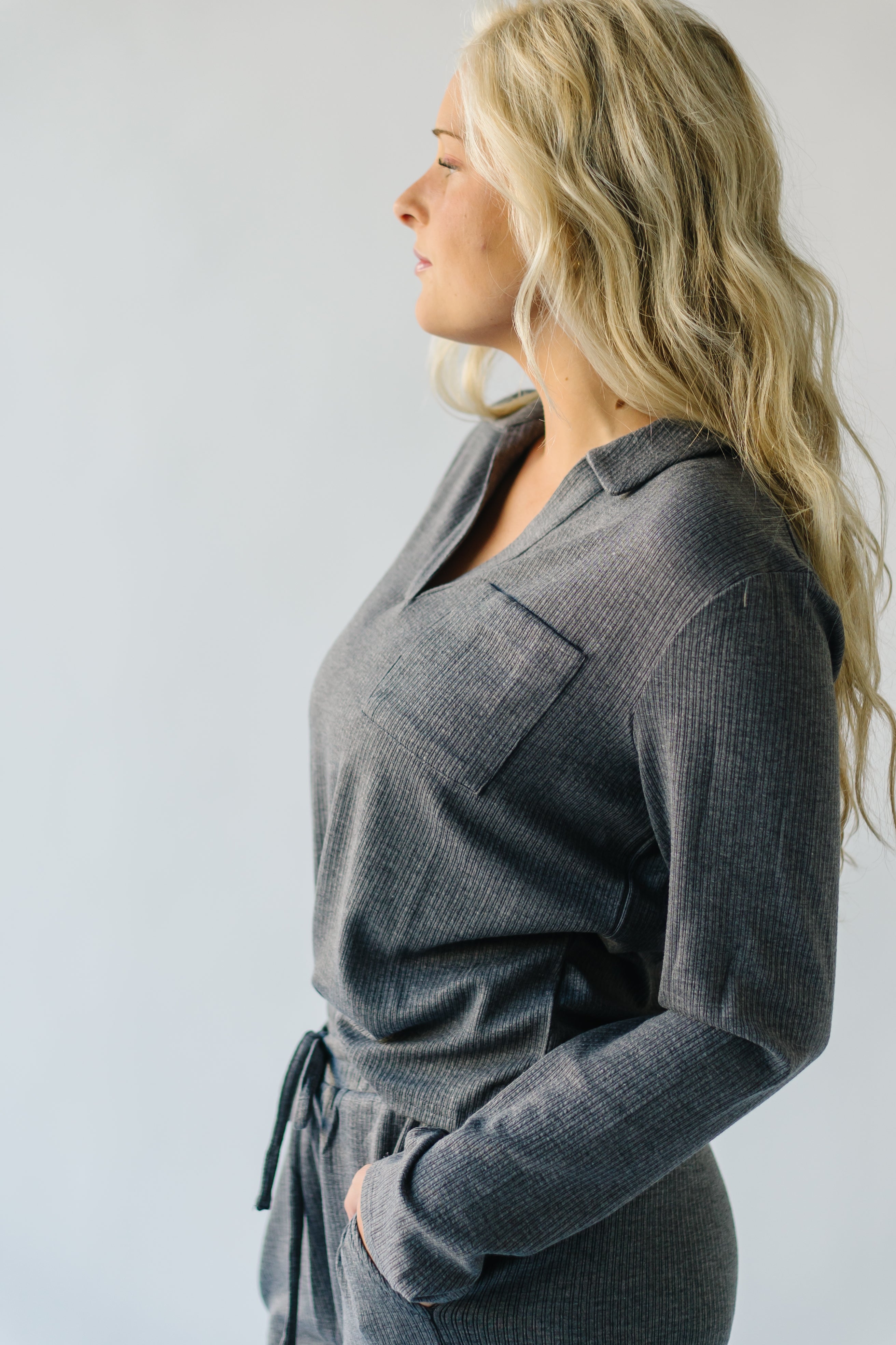 Melton Polo Blouse in Charcoal - Textured Finish