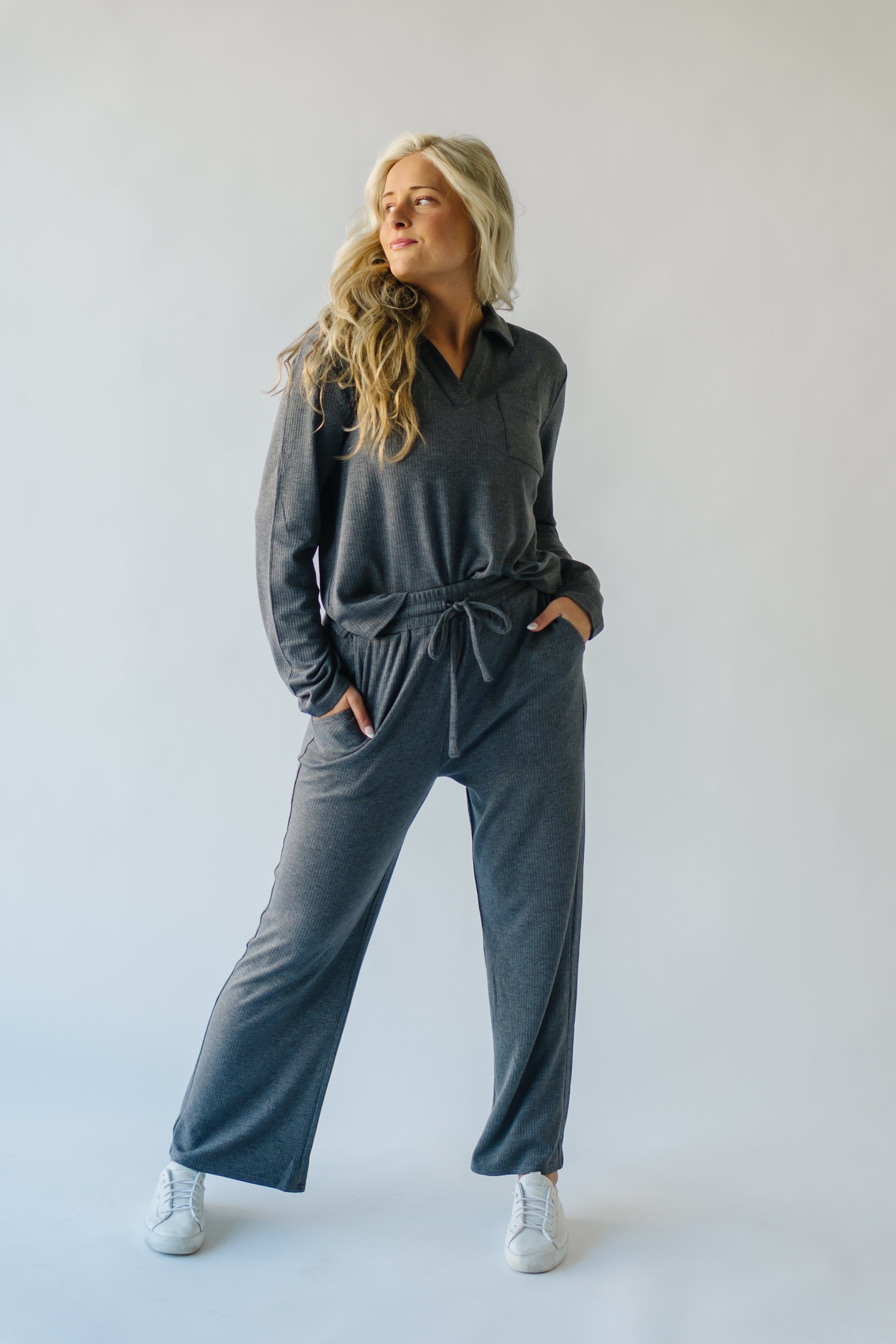 Melton Polo Blouse in Charcoal - Textured Finish