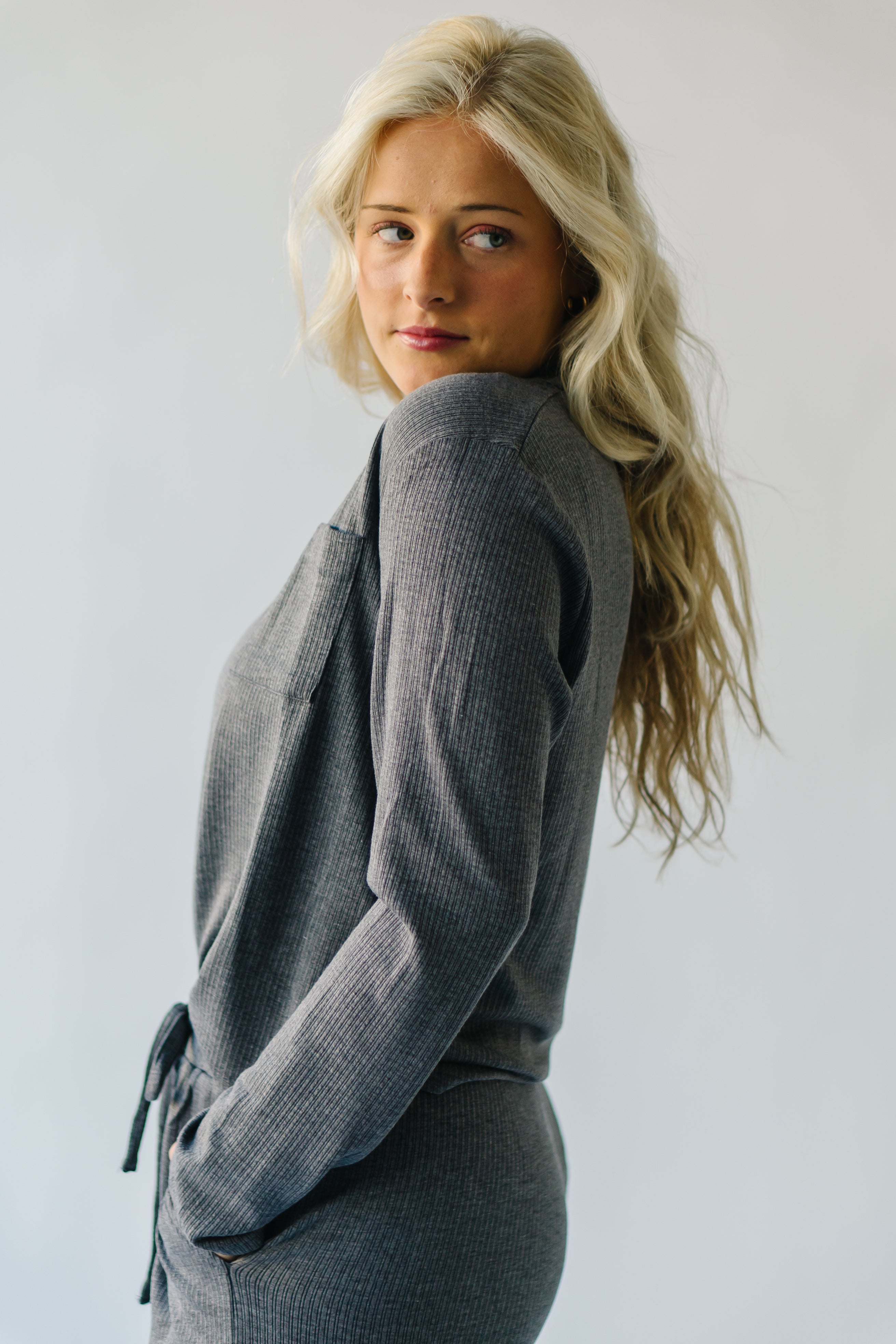 Melton Polo Blouse in Charcoal - Textured Finish