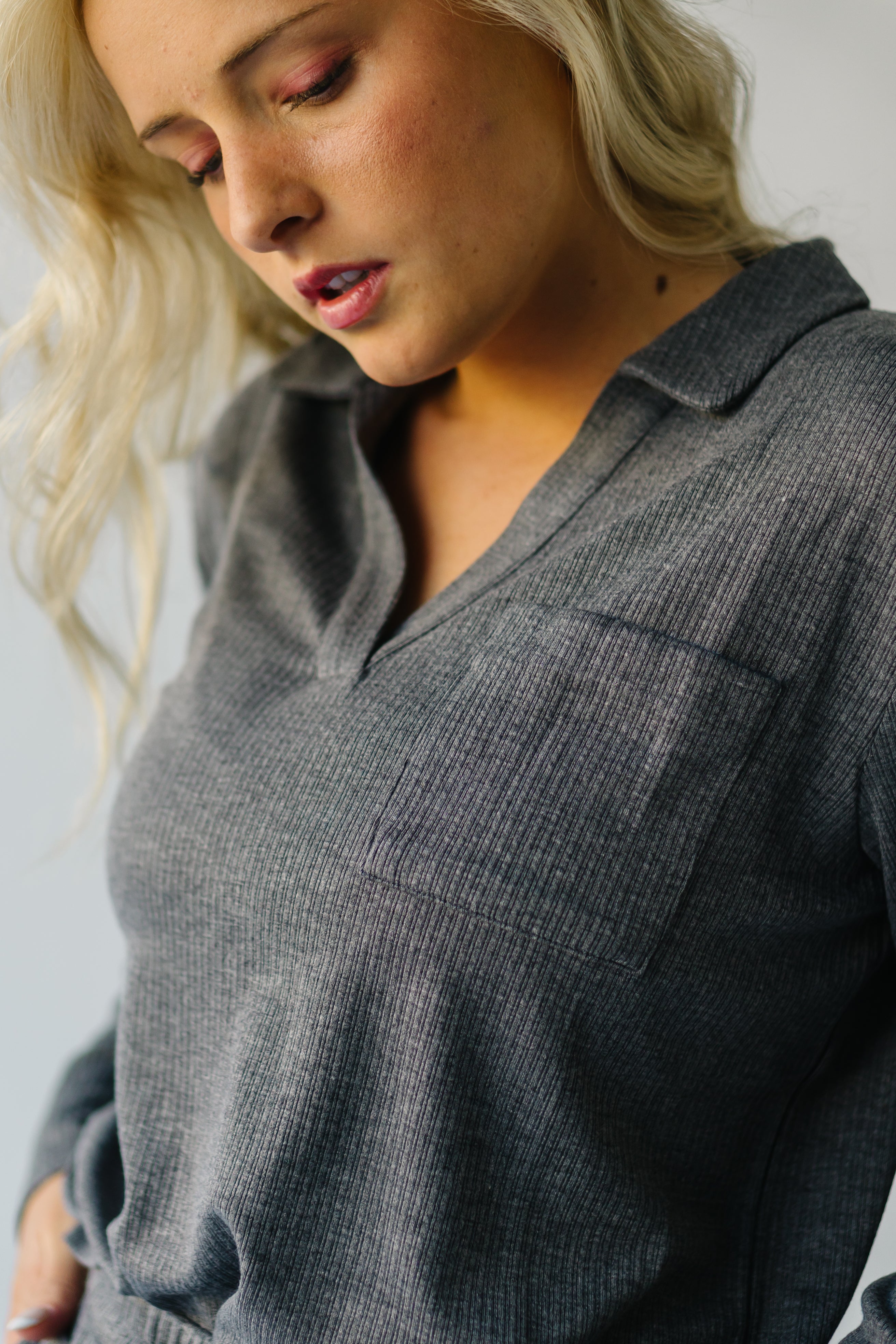 Melton Polo Blouse in Charcoal - Textured Finish