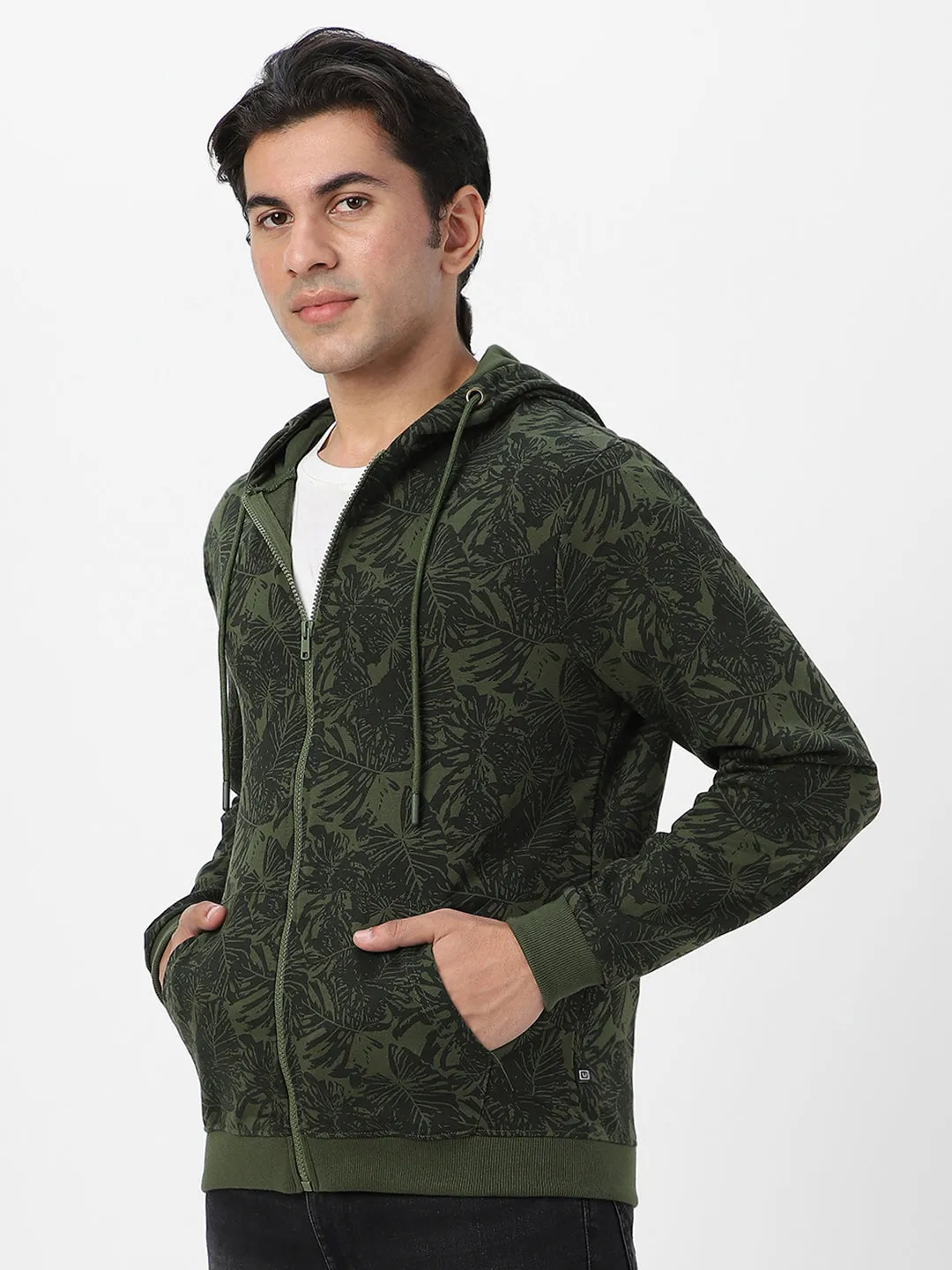 Men's Olive Green Regular Fit Winter Hooded Sweatshirt