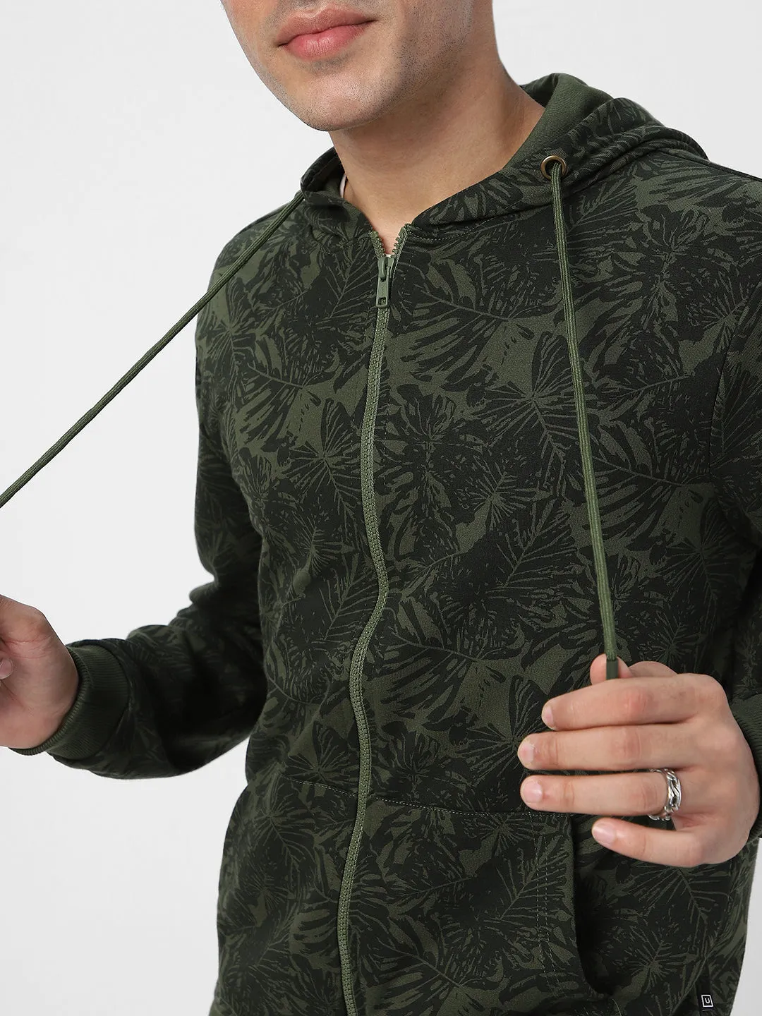 Men's Olive Green Regular Fit Winter Hooded Sweatshirt