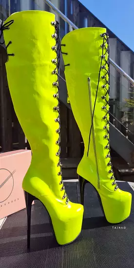 Neon Yellow Military Lace Up Heel Boots