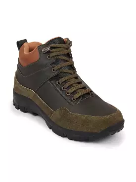 Olive suede leather lace-up trekking boots - Men's ankle top hiking footwear