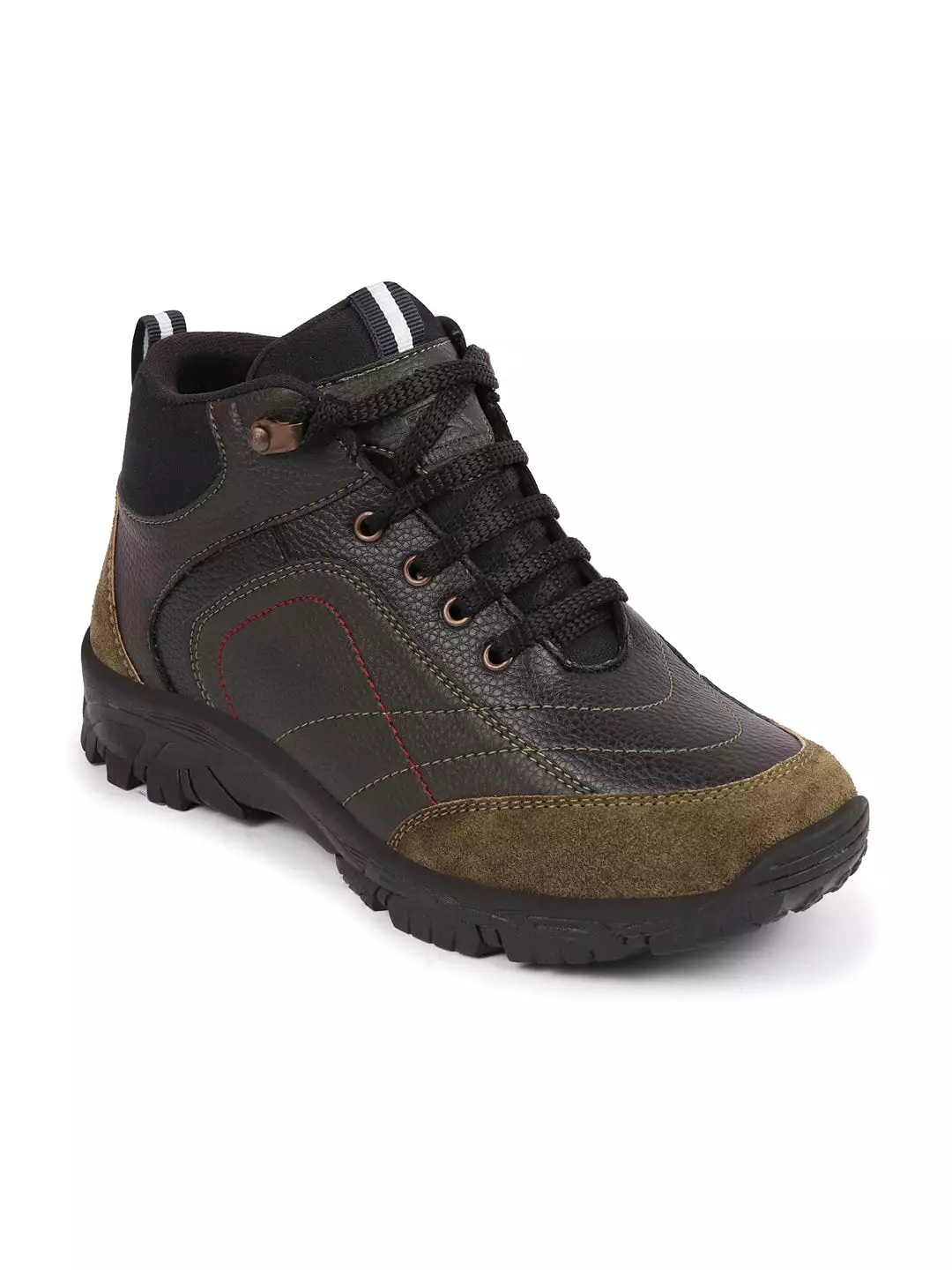 Olive Suede Leather Men's Ankle Boots with Lace-Up & Anti-Skid Sole for Trekking and Hiking