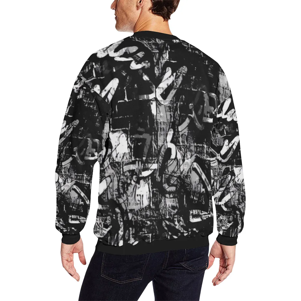 Oversized Fleece Crewneck Sweatshirt for Big & Tall Men with Black and White Graffiti Design.