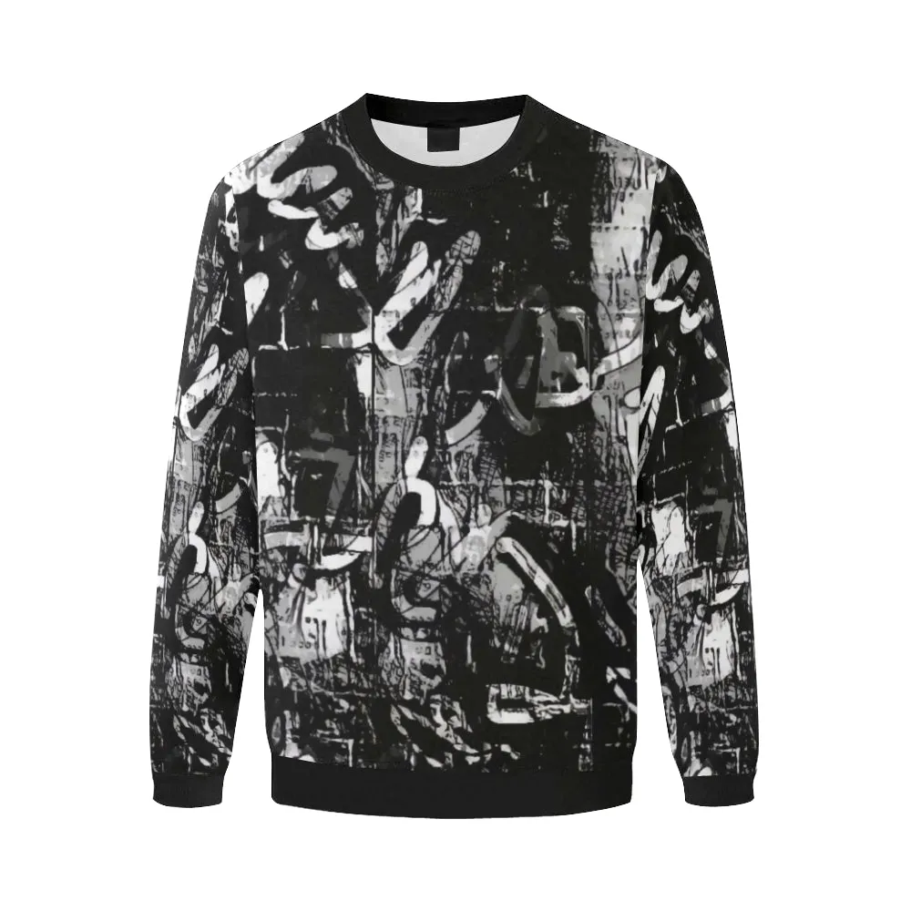 Oversized Fleece Crewneck Sweatshirt for Big & Tall Men with Black and White Graffiti Design.