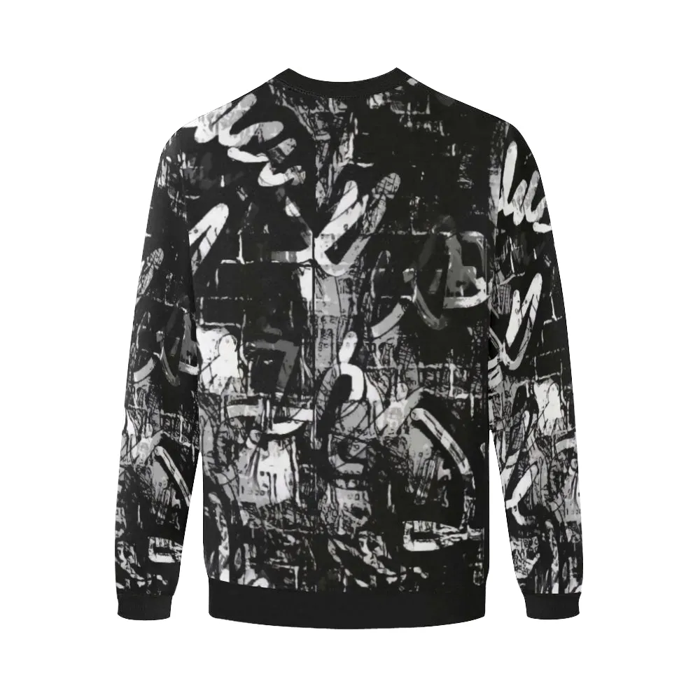 Oversized Fleece Crewneck Sweatshirt for Big & Tall Men with Black and White Graffiti Design.